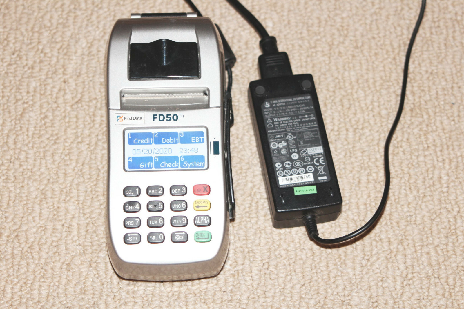 First Data FD-50Ti Credit Card Terminal + Printer 001689064 w/ OEM Power Supply