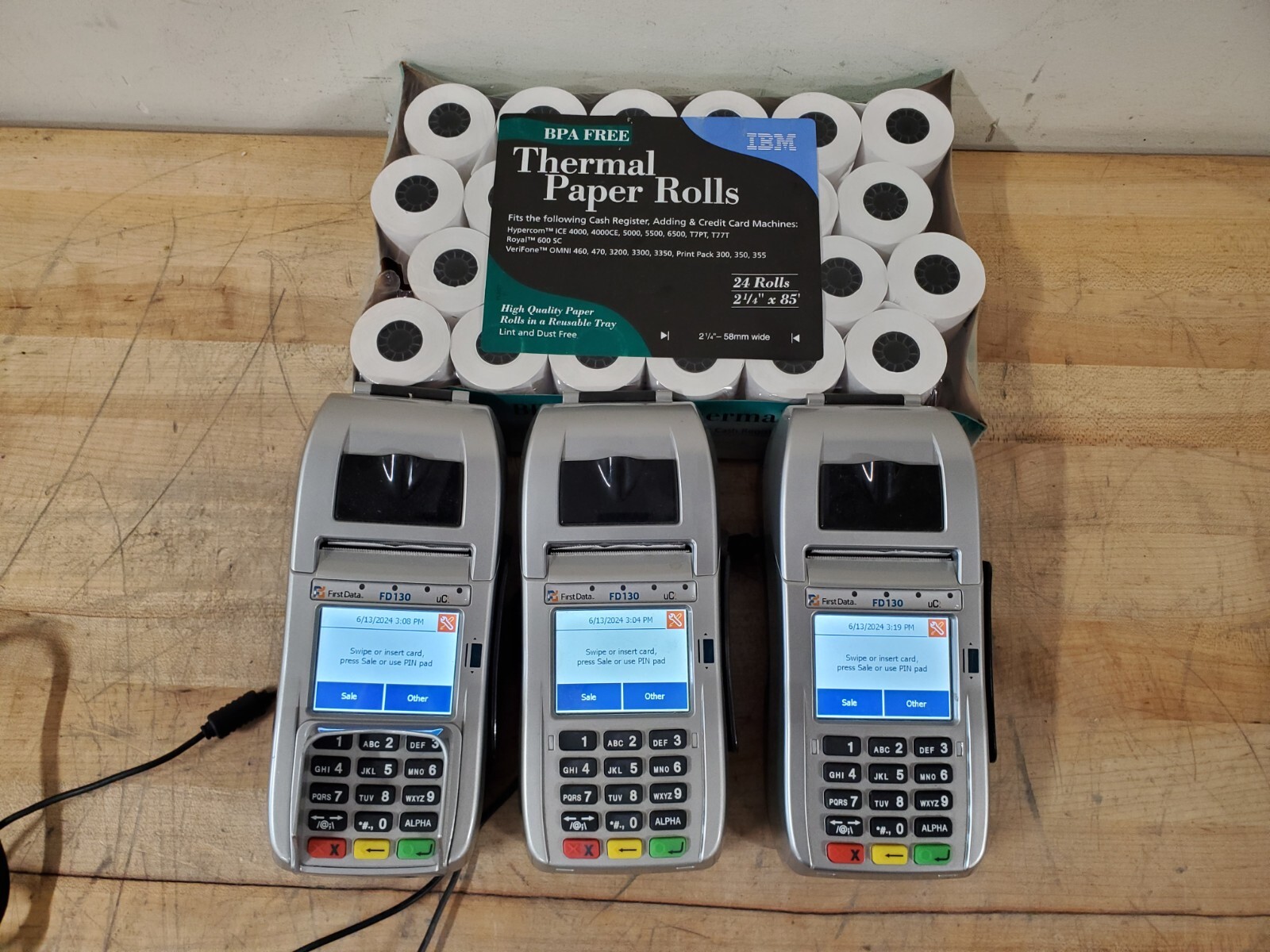 First Data FD130 EMV Credit Card Terminals With IBM 24 Pack Paper Rolls – READ!
