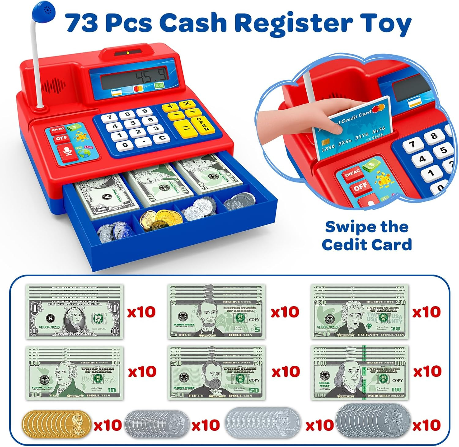 Calculator Cash Register – 103 Pcs Toy Cash Register, Microphone, Credit Card an