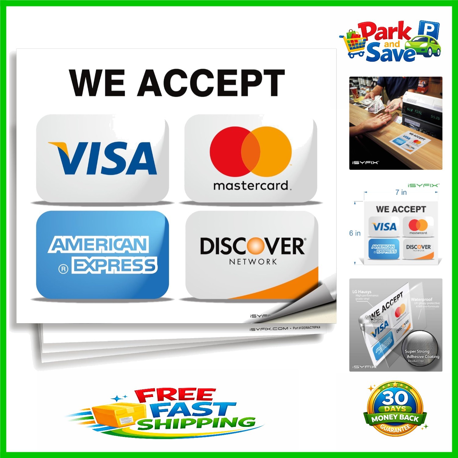 4-Pack Credit Card Sticker Signs – 7×6 Inch, UV Resistant Vinyl for Businesses