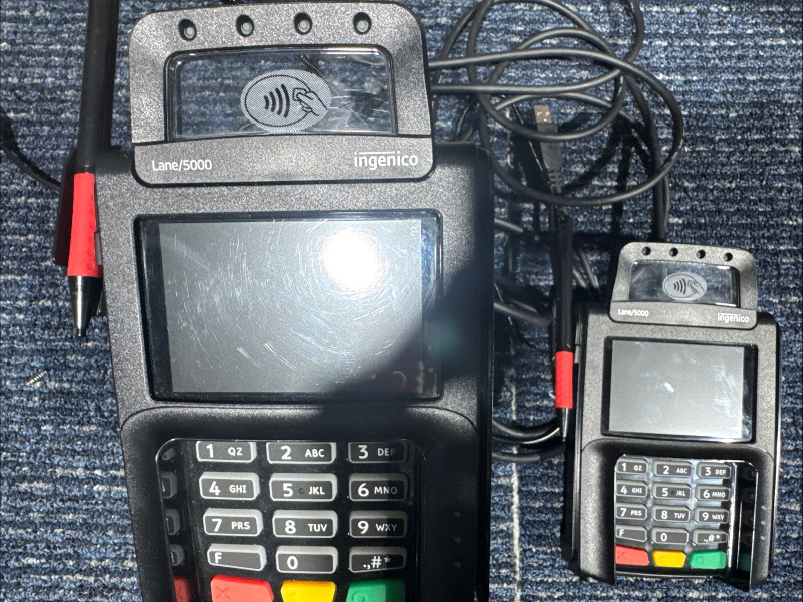 2 Ingenico Lane/5000 Credit Card Payment Terminal &Stylus w/USB. Nó Adapter.