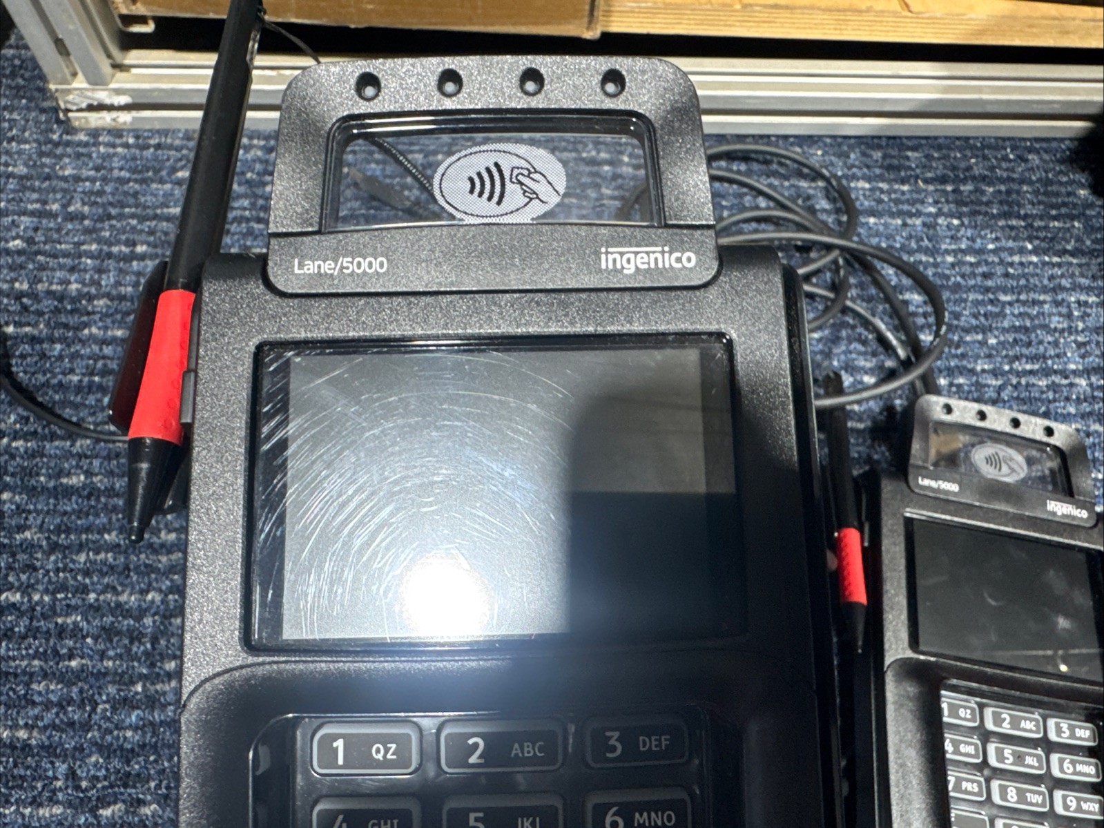2 Ingenico Lane/5000 Credit Card Payment Terminal &Stylus w/USB. Nó Adapter.
