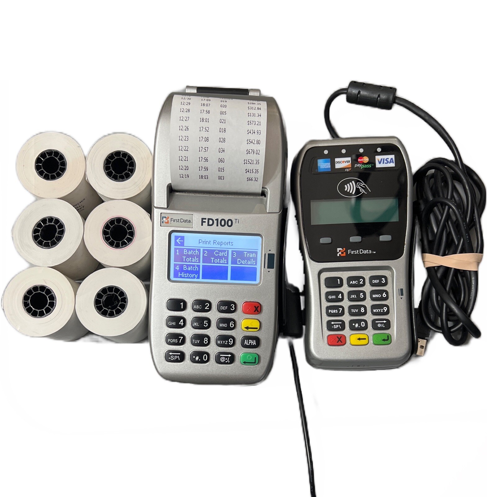 First Data FD130 DUO Credit Card Machine with FD35 EMV NFC PIN pad & 6 Rolls