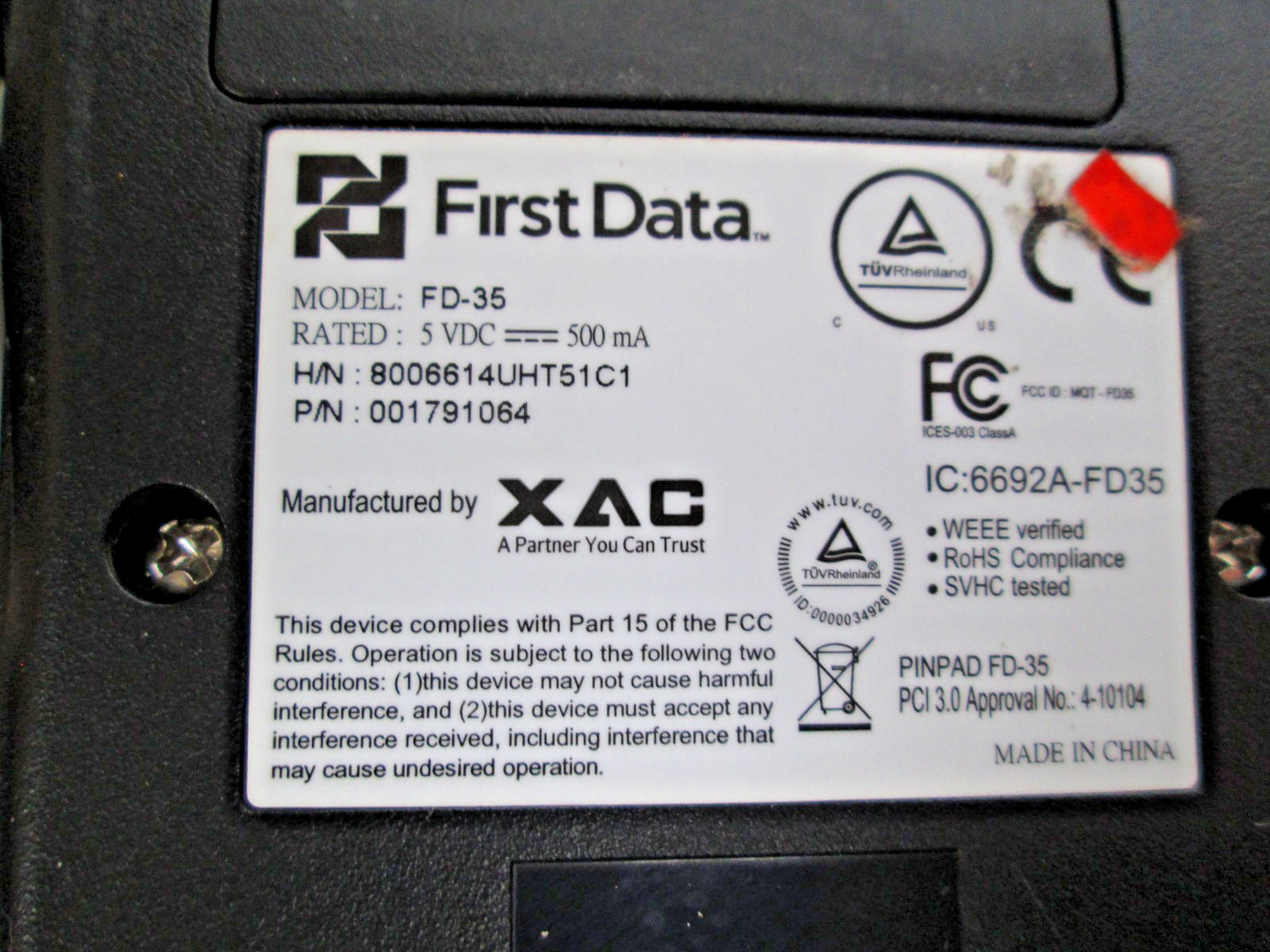 XAC FIRST DATA FD-35 PIN PAD PCI 3.0 RATED 5 VDC 2015 CREDIT/DEBIT CARD READER