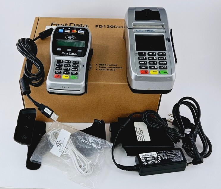 First Data FD130 DUO Credit Card Machine With FD35 EMV NFC PINpad EUC Tested
