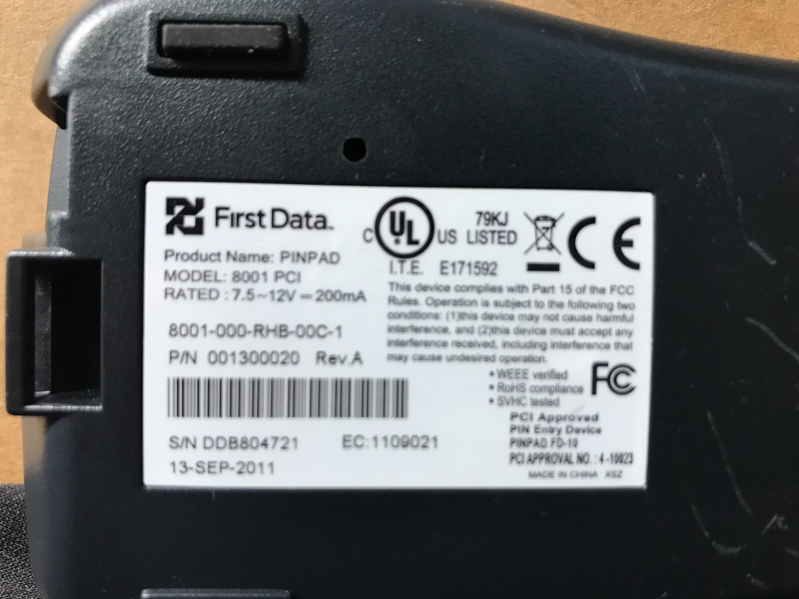 FIRST DATA FD-10 PinPad Credit Debit input pad 8001-PCI 001300020 Rev A