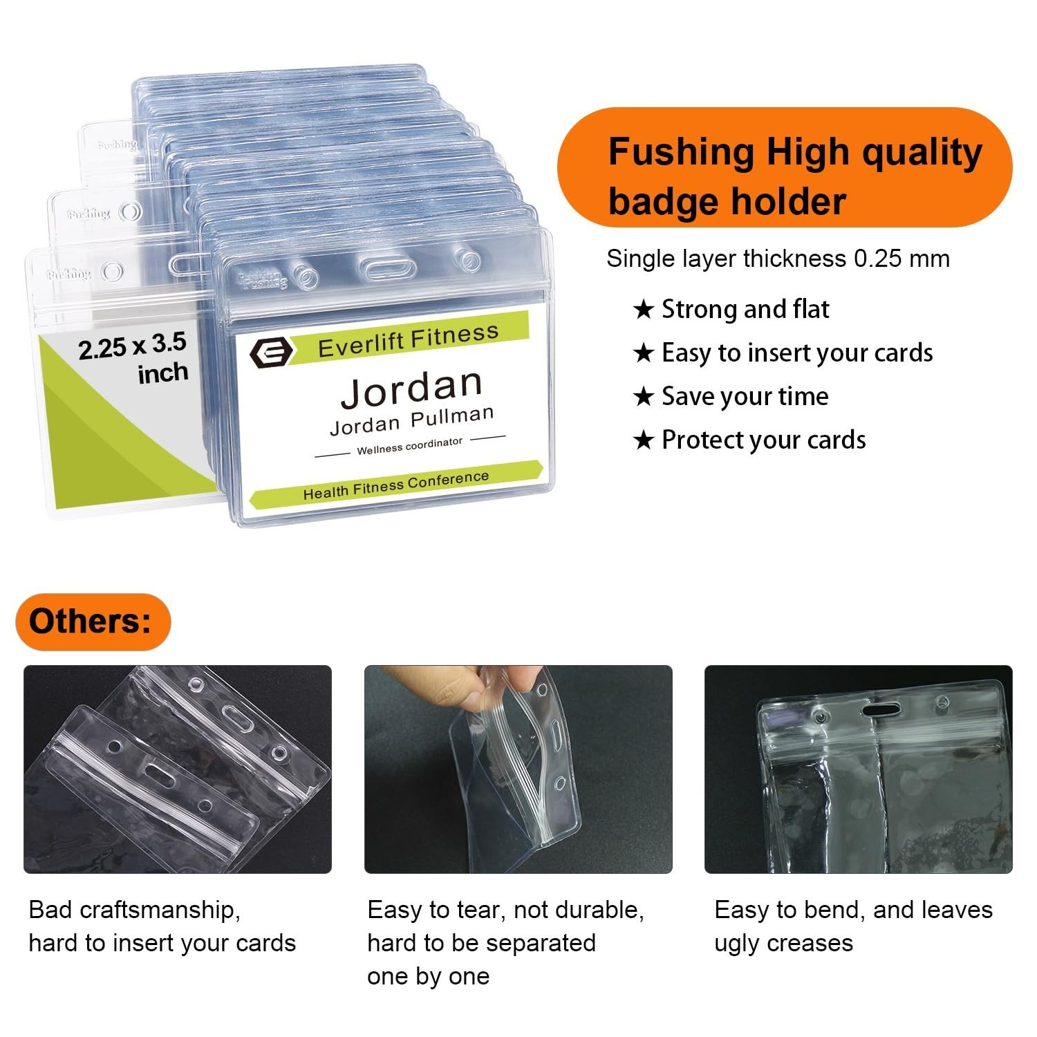 Fushing 500 Pcs Clear Plastic Horizontal Name Tag Badge ID Card Holders