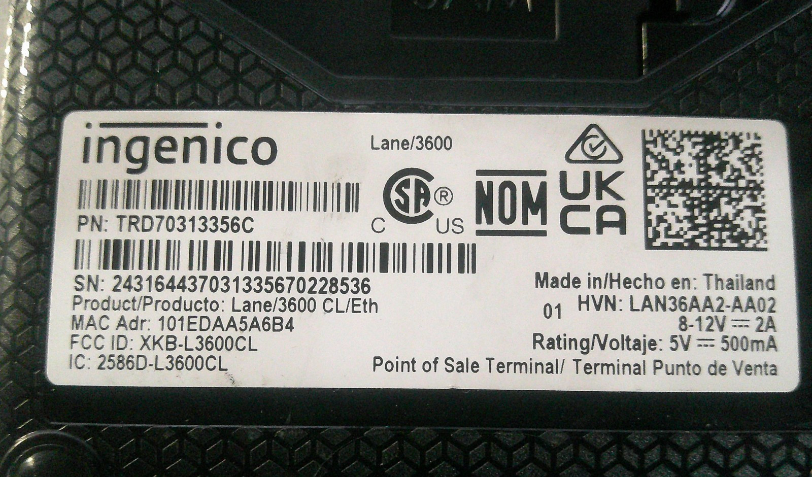 INGENICO LANE/3600 POINT OF SALE TERMINAL TRD70313356B