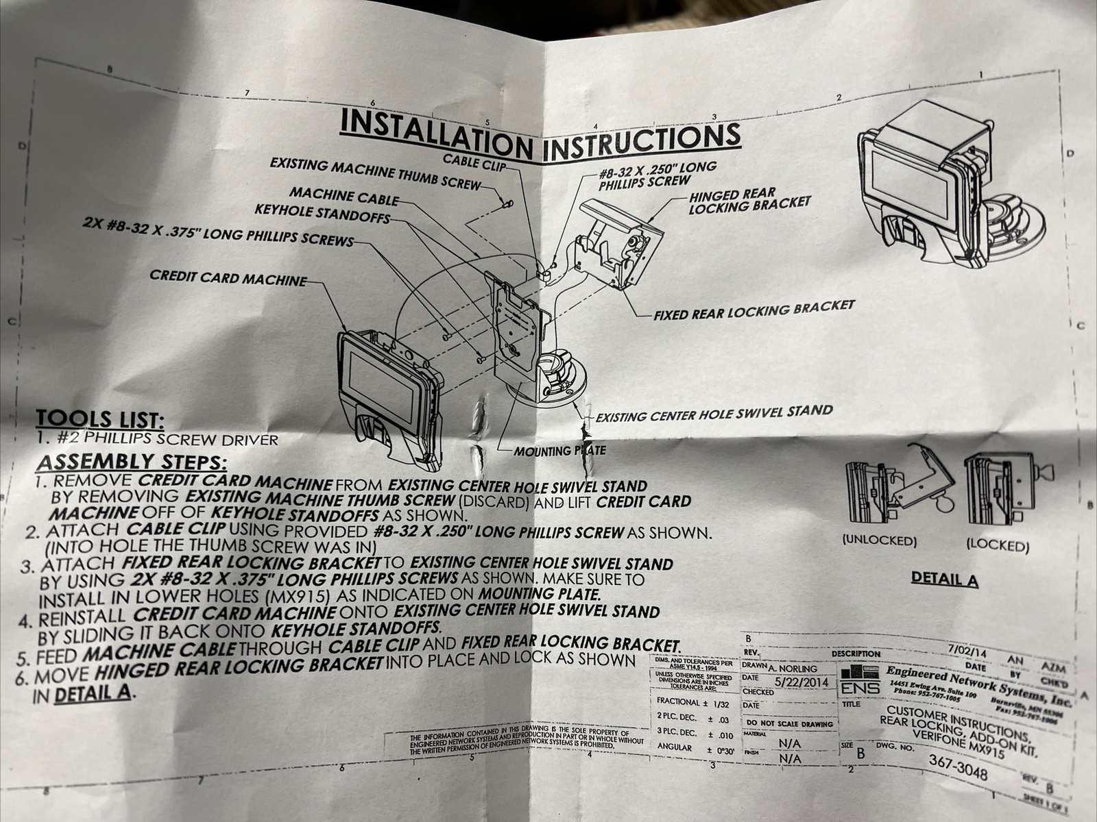 ENS 367-3048-B REAR-LOCKING, ADD ON KIT W/ A-KEY VERIFONE MX915