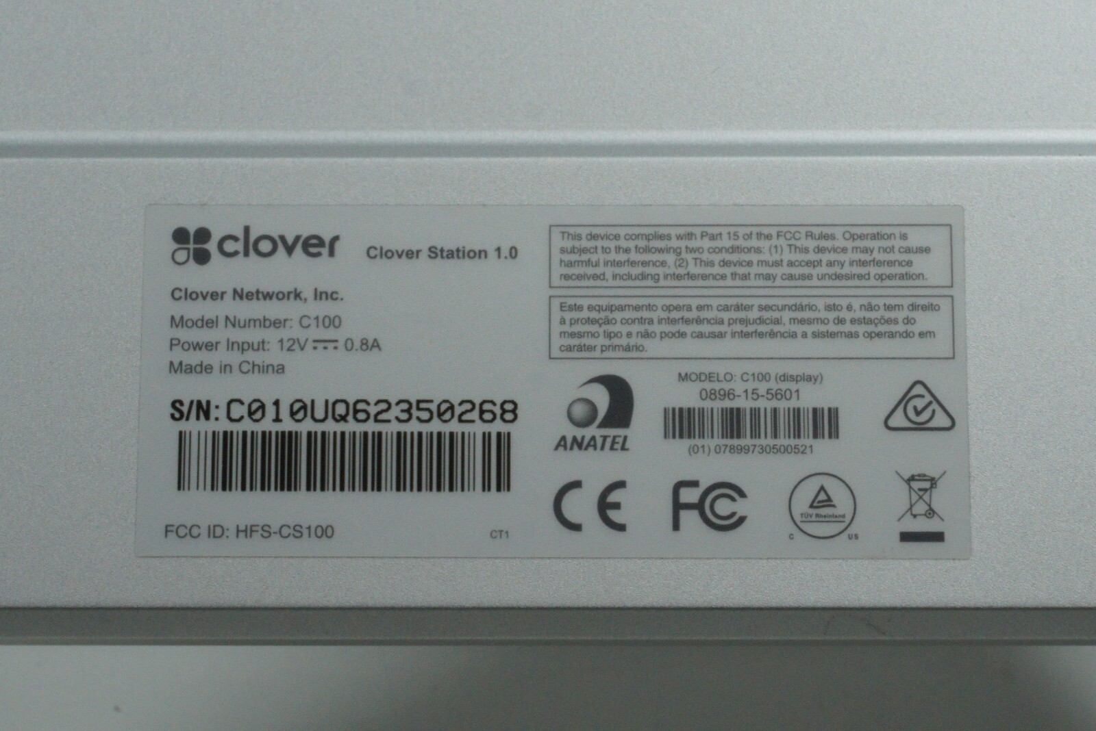 Clover C-100 Touch Screen POS System w/ P-100 Printer – White (No AC adapter)