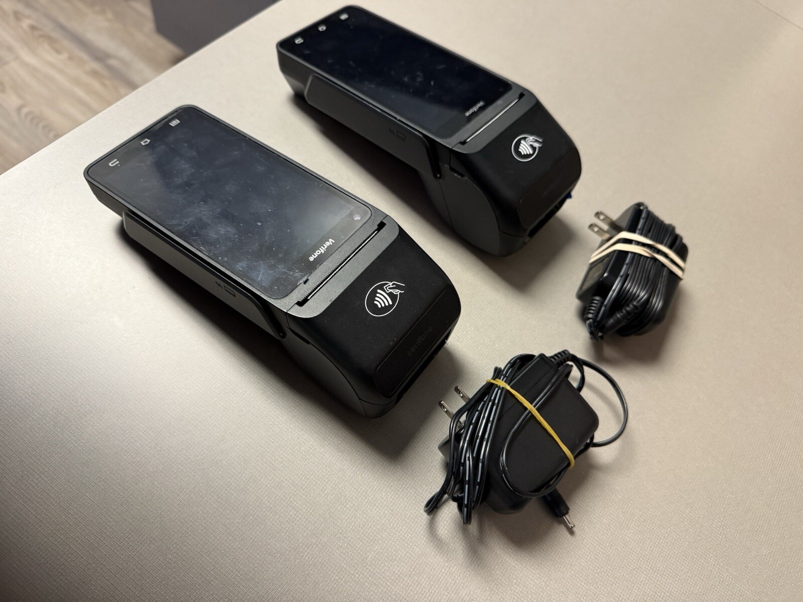 Two Verifone T650c touchscreen credit card terminals