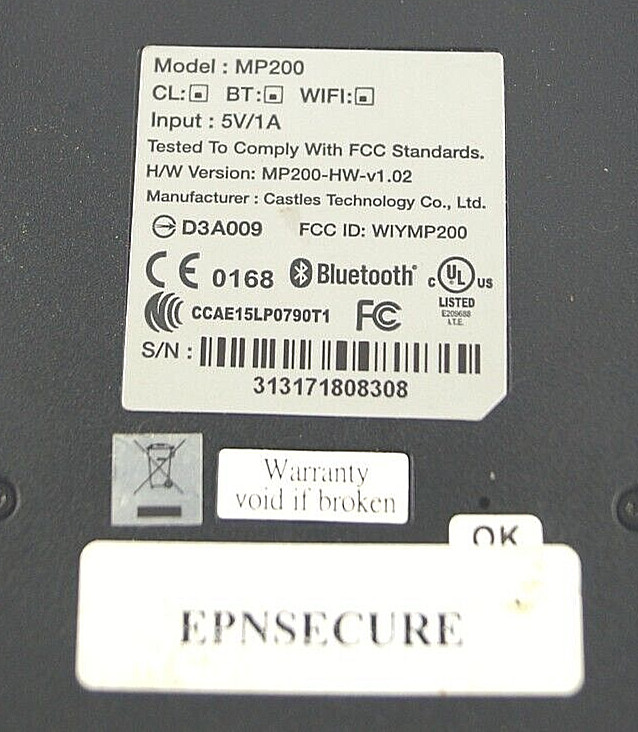 Castles Technology MP200 Wireless Touch Display Card Reader Black No Cable B321