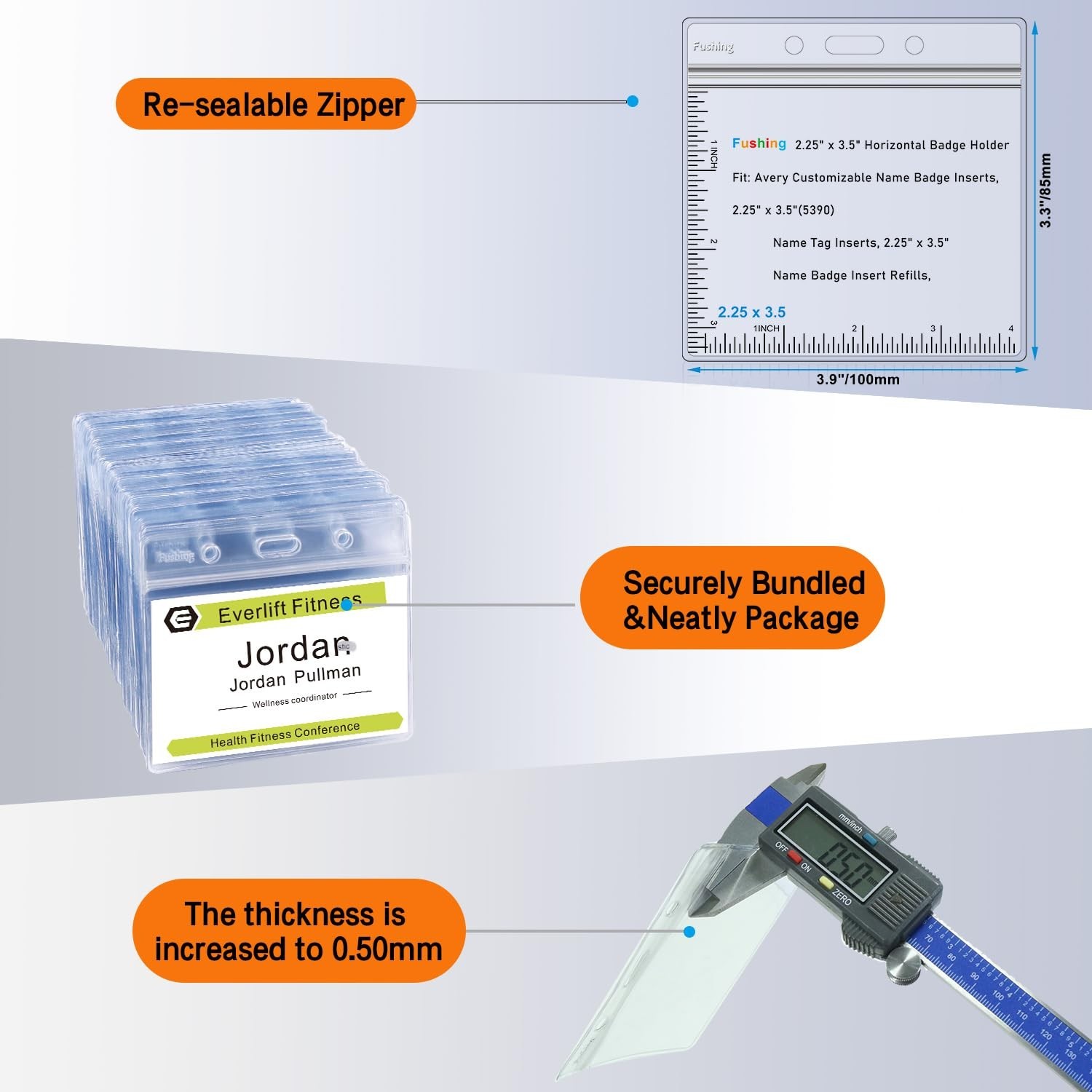 Fushing 500 Pcs Clear Plastic Horizontal Name Tag Badge ID Card Holders