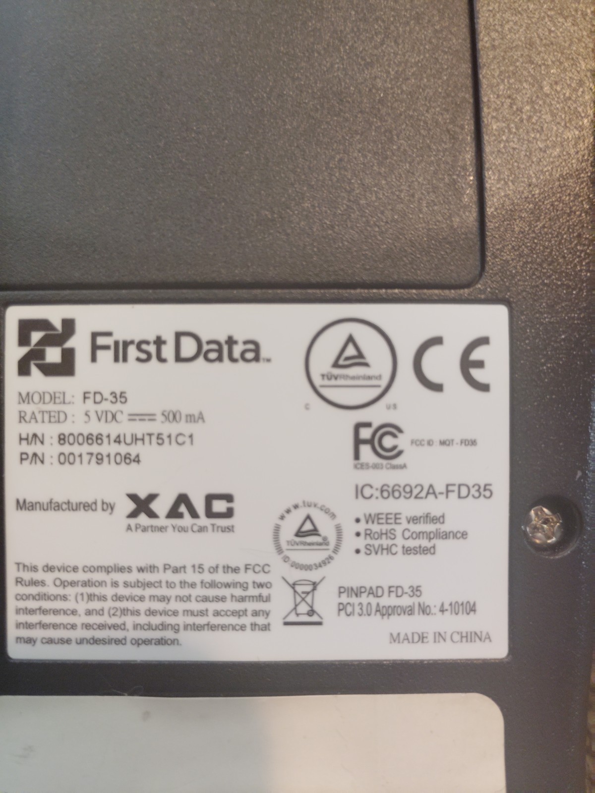 First Data FD-35 Pin Pad Credit Card Reader( Powers On Untested)