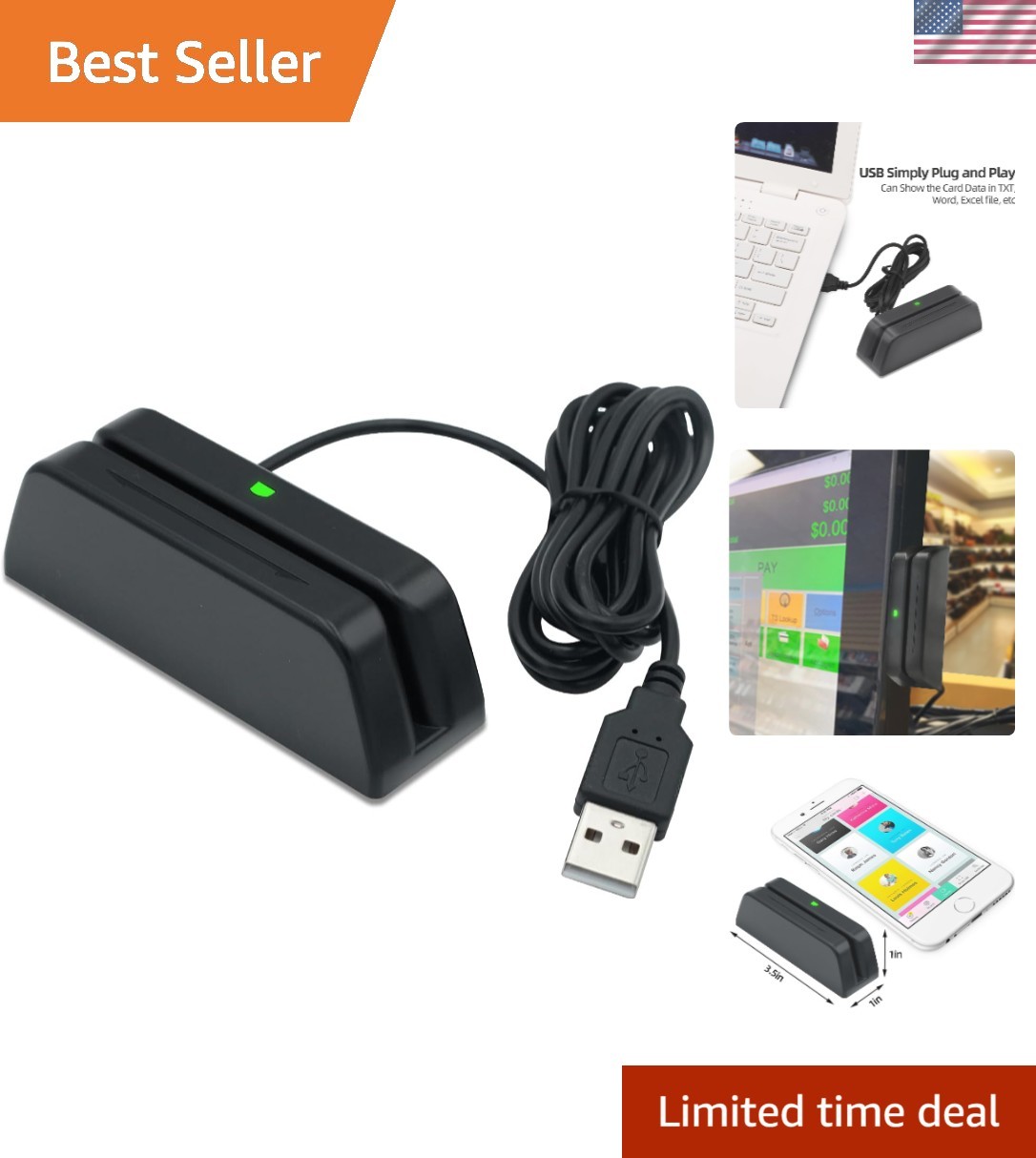 3-Track USB Magstripe Reader with LED Indicator & Compact Design for Businesses