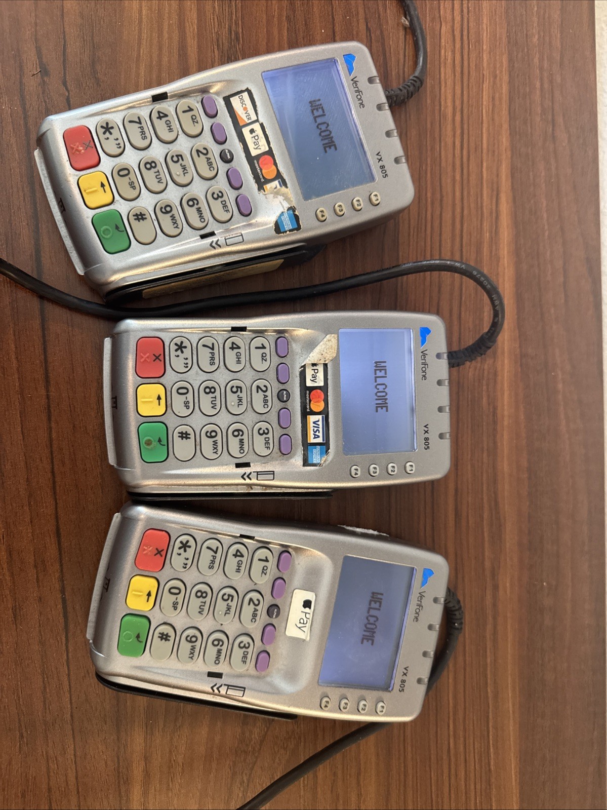 Used Lot of THREE VeriFone VX805 CTLS Pin Pad Chip/Card Readers – working