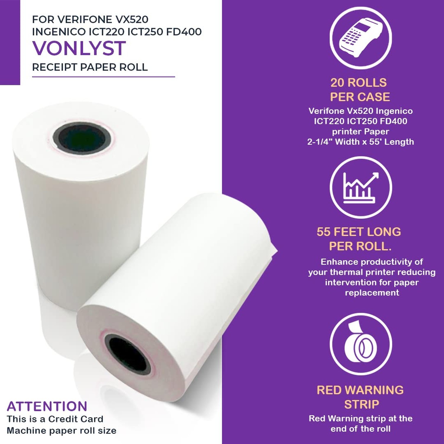 Thermal Paper Roll 2 1/4 x 55 for Verifone Vx520 Ingenico ICT220 ICT250 FD400…