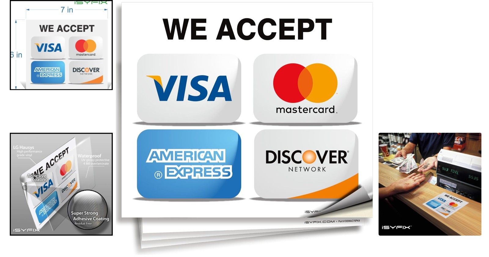 4-Pack Credit Card Sticker Signs – 7×6 Inch, UV Resistant Vinyl for Businesses