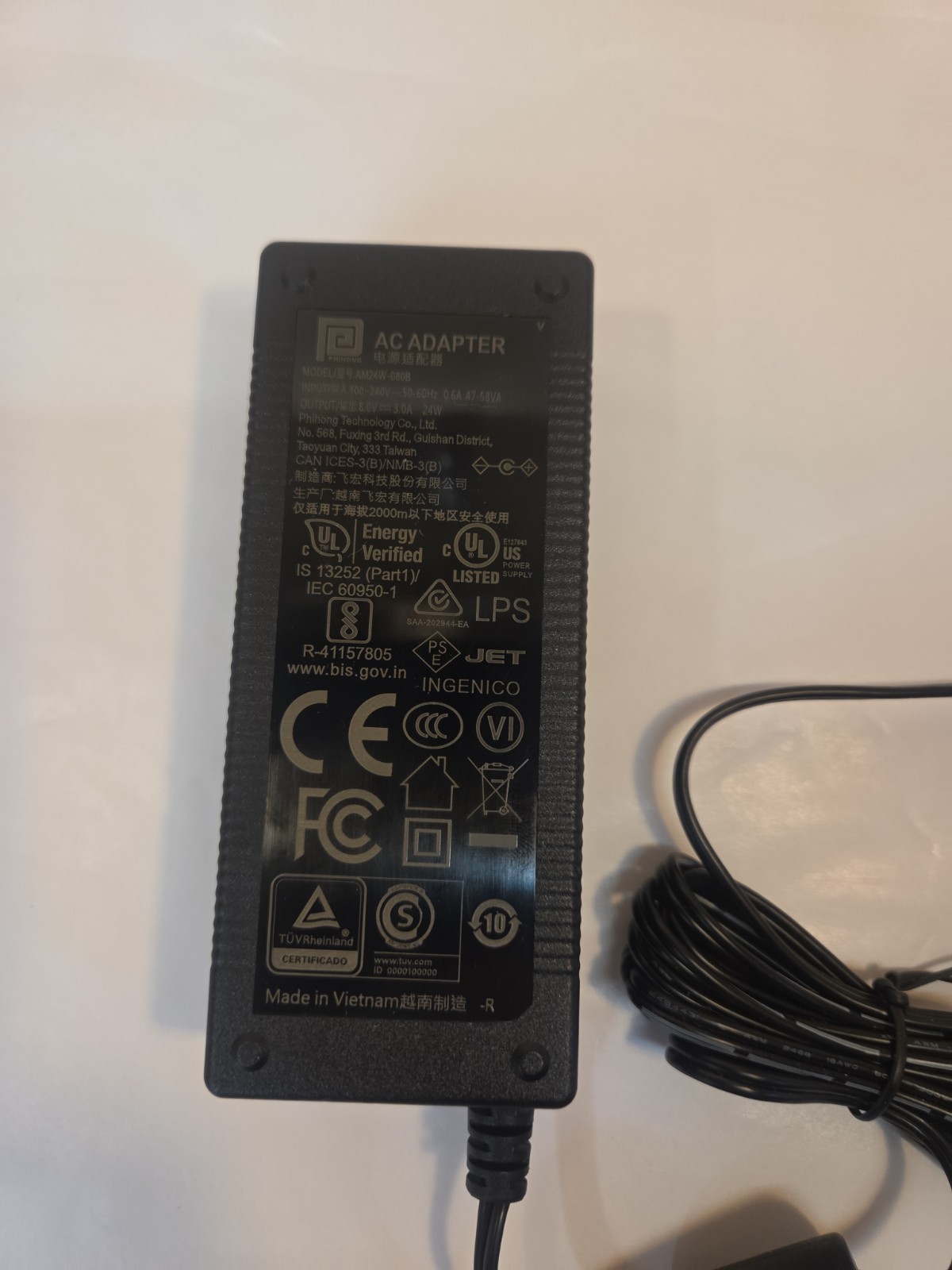 OEM Ingenico Phihong AM24W-080B 8V 3A 24W AC Power Adapter Charger. No Wall Cord