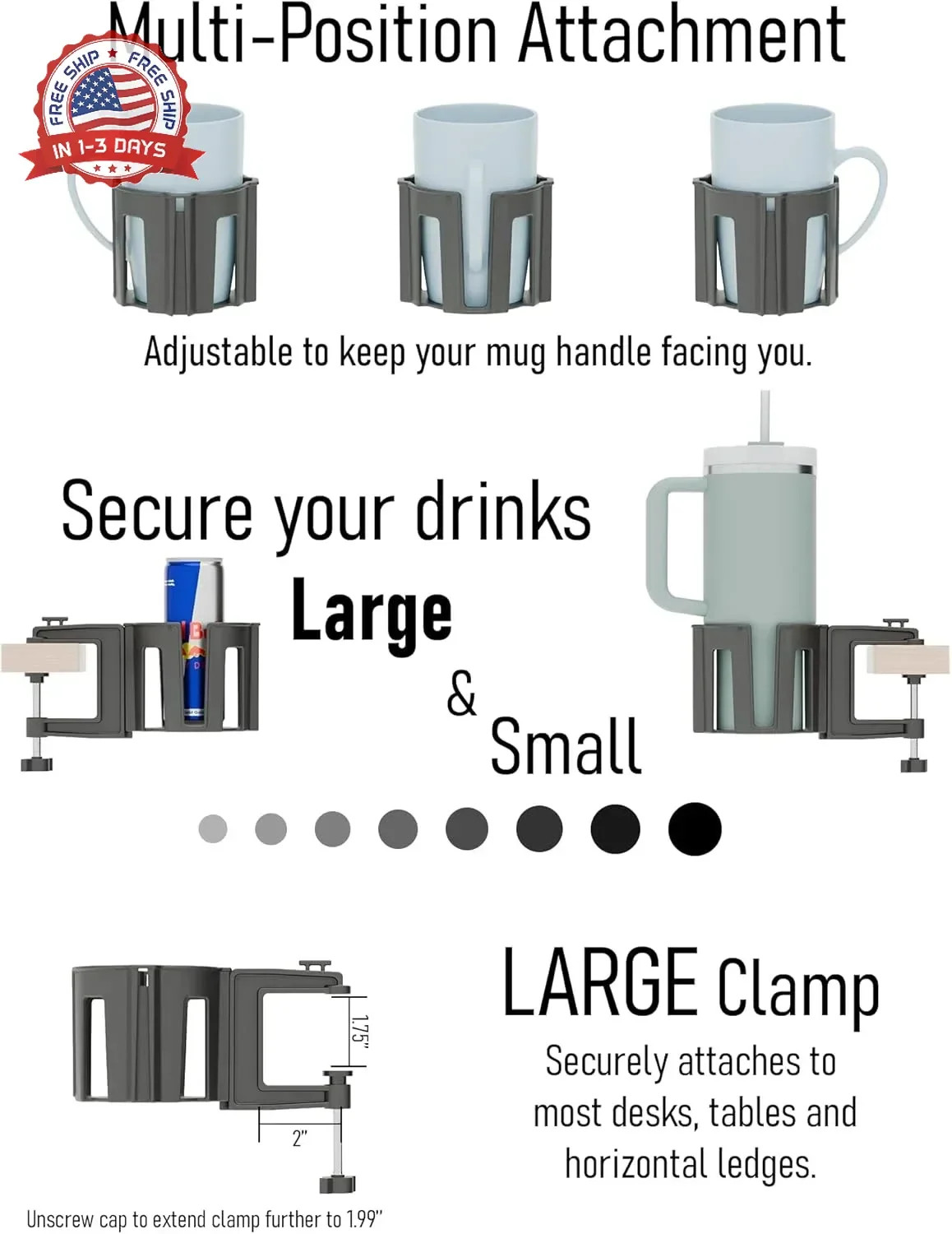 Original Large Desk Cup Holder Clamp | Anti-Spill Mount, Multi-Directional Drink