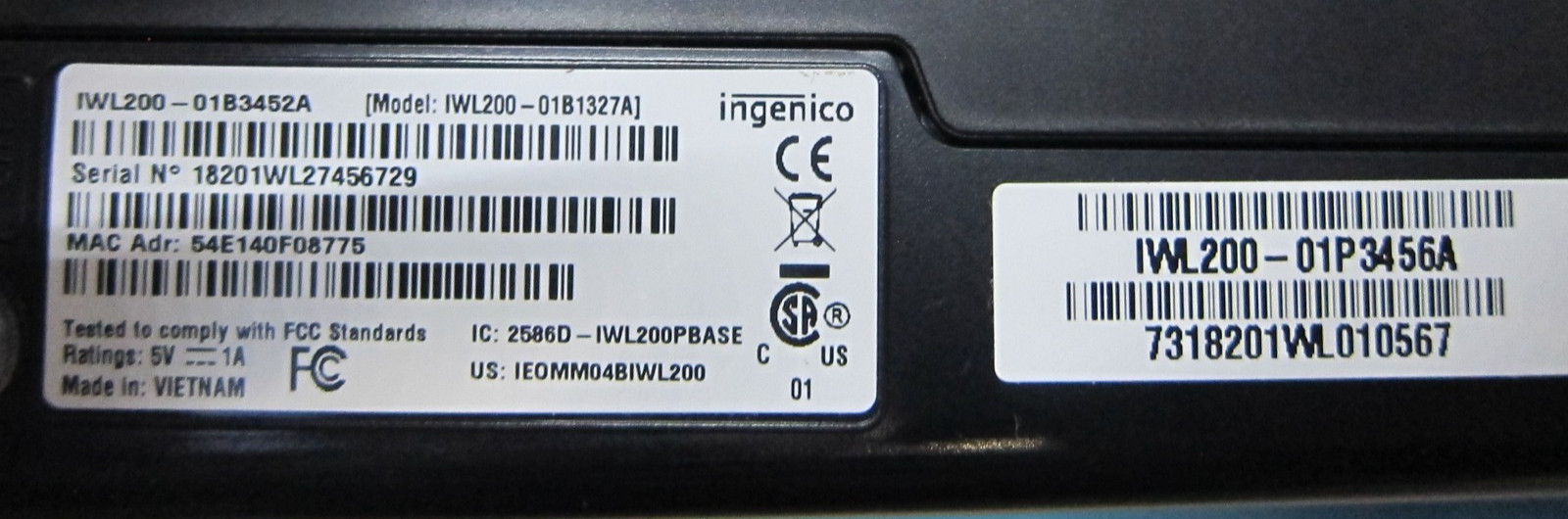 Ingenico iWL255 Credit Terminal With Base/Docking Station iWL200 & Power
