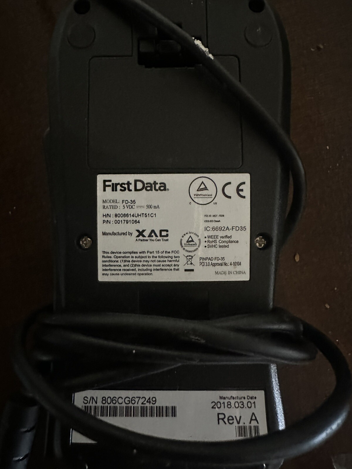 First Data FD-35 Pin Pad Credit Card Reader USB powered WORKING
