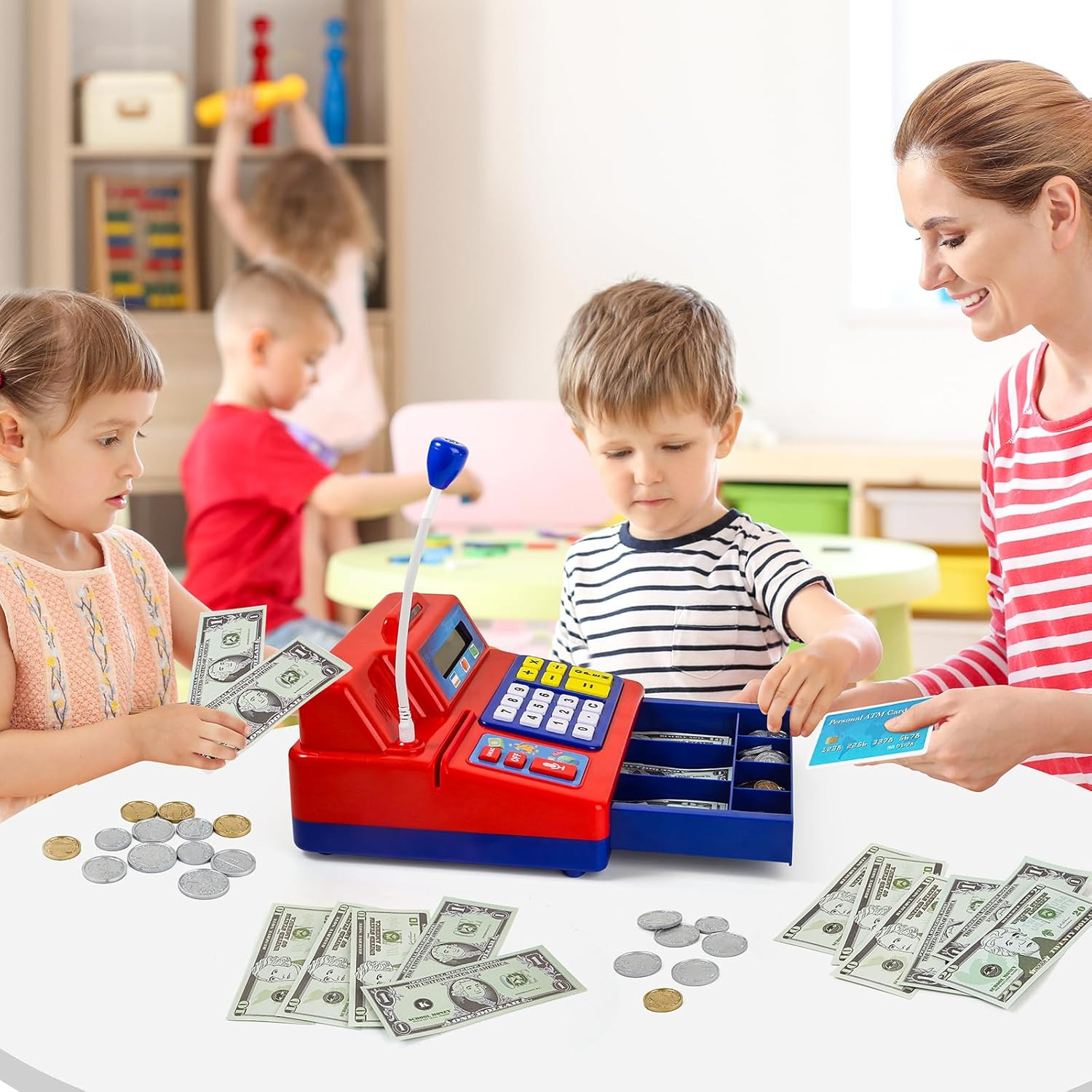 Calculator Cash Register – 103 Pcs Toy Cash Register, Microphone, Credit Card an