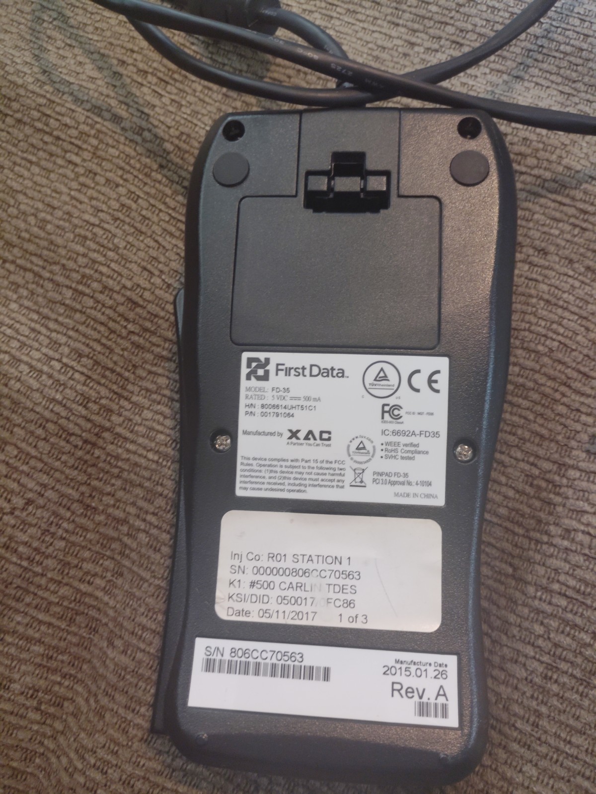 First Data FD-35 Pin Pad Credit Card Reader( Powers On Untested)