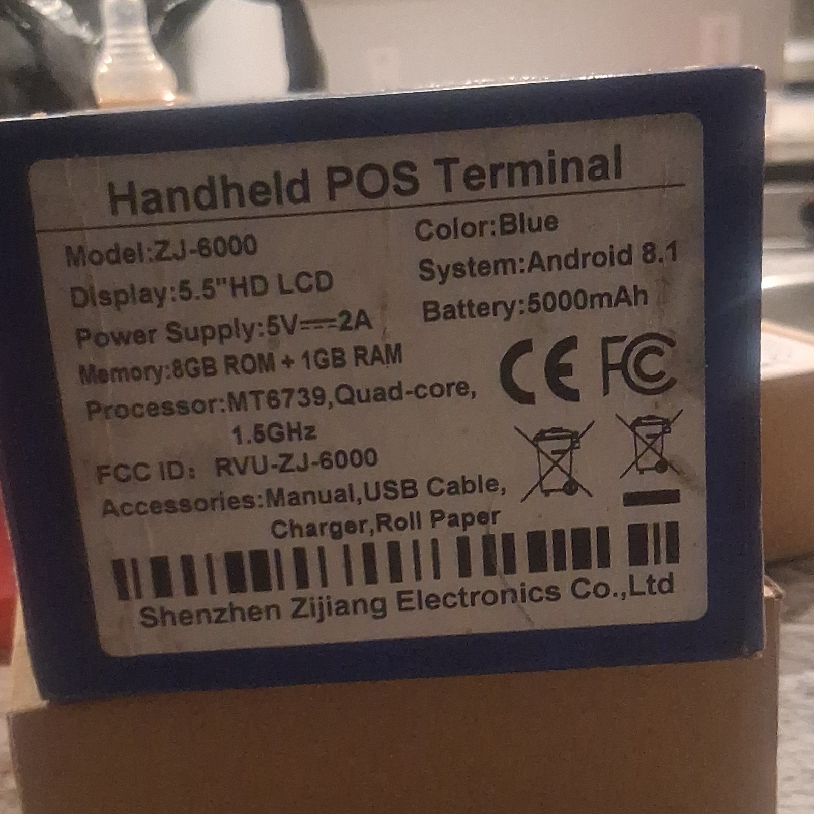 Shenzhen Zijiang ZJ-6000 Handheld POS Terminal, Android 8.1, 5.5” LCD, Blue