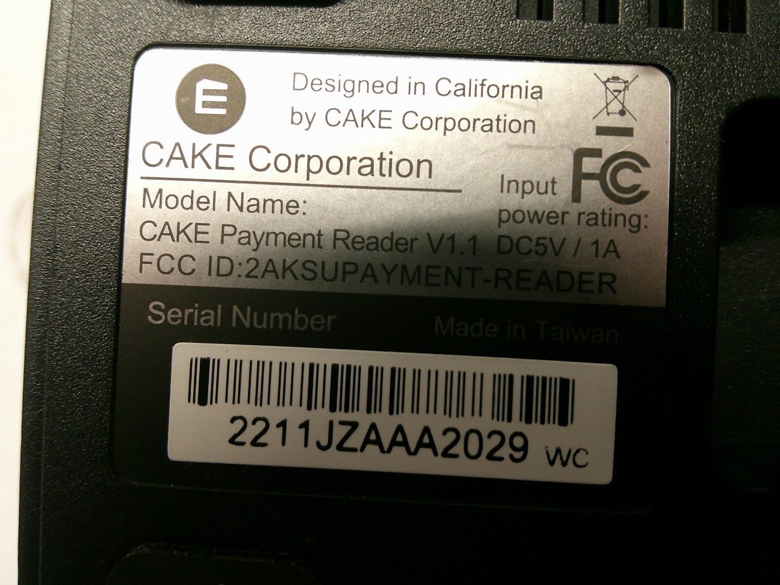 CAKE DC5V/1A POS CARD PAYMENT READER V1.1 Turns on, but not fully tested – Black
