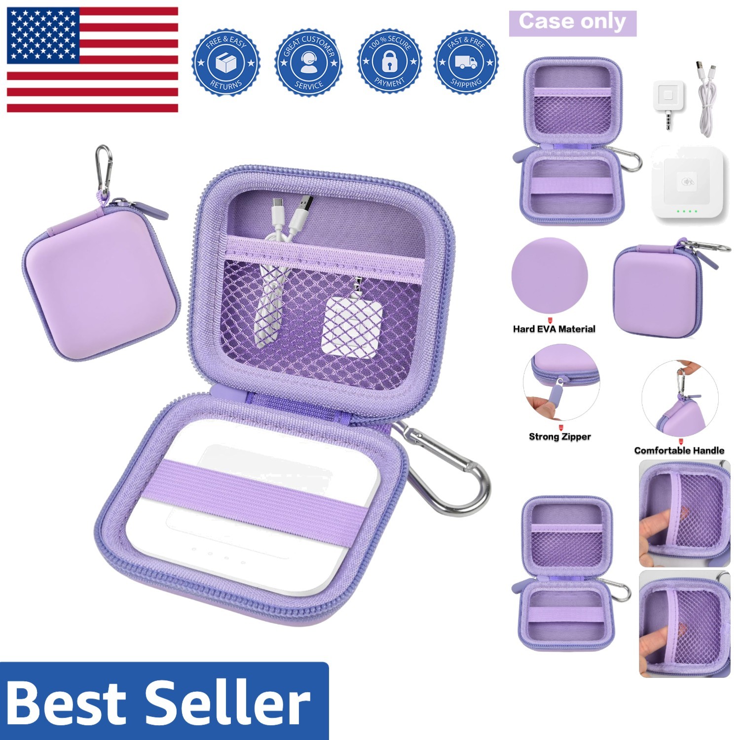 Water-Resistant Portable Chip Card Reader Case with Removable Carabiner – Purple