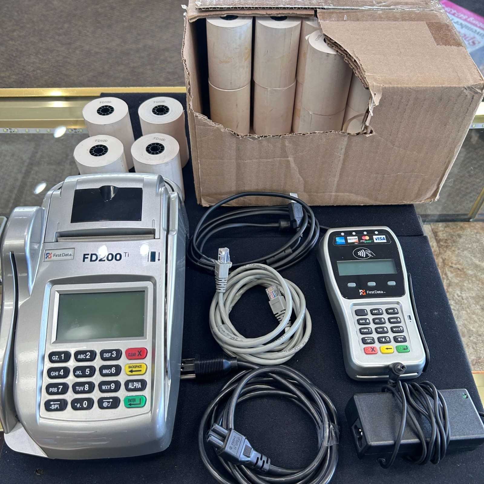 First Data FD200ti Touch Screen Credit Terminal+FD35 PIN pad w (40) FD100 Paper