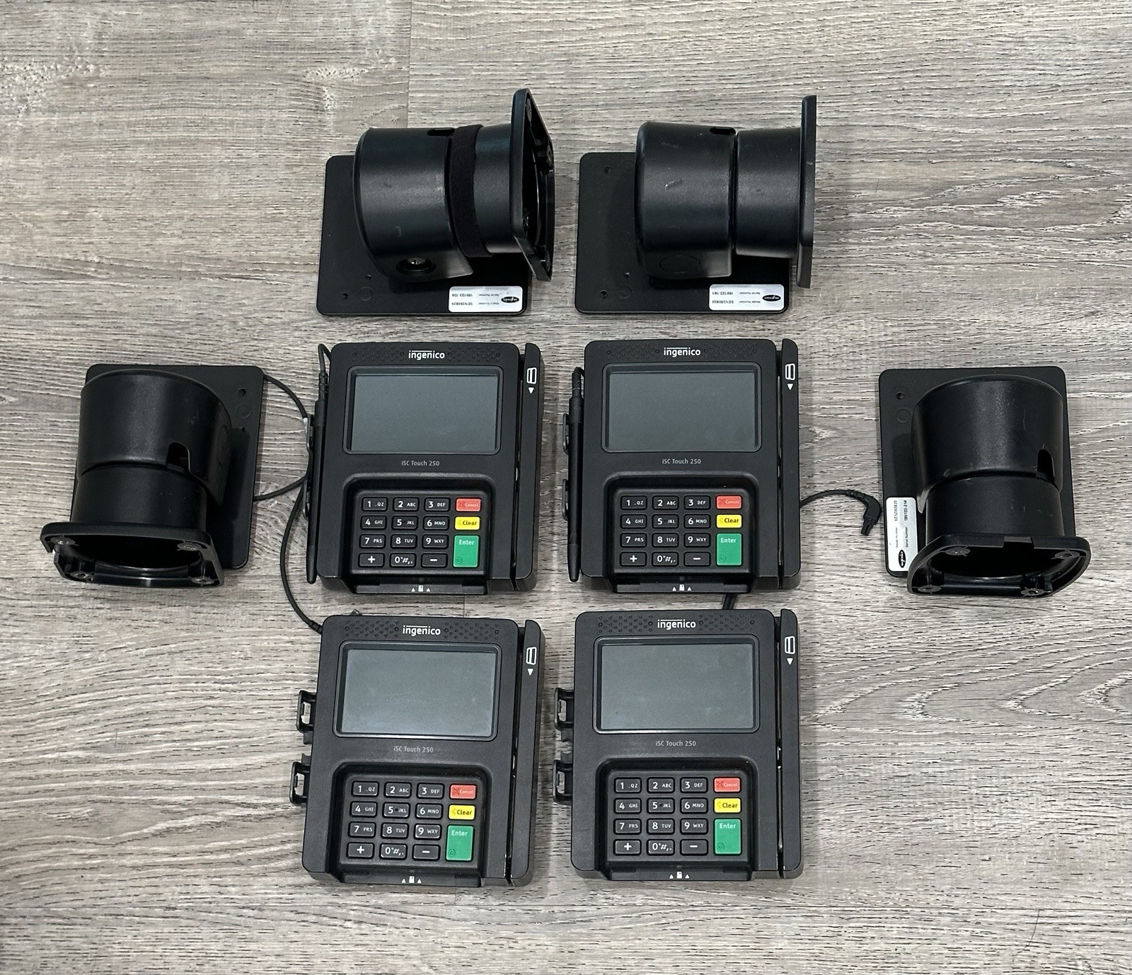 *Lot of 4* Ingenico iSC Touch 250 w/ 4 Pens, 4 Credit Card Mounts & Multi Cables