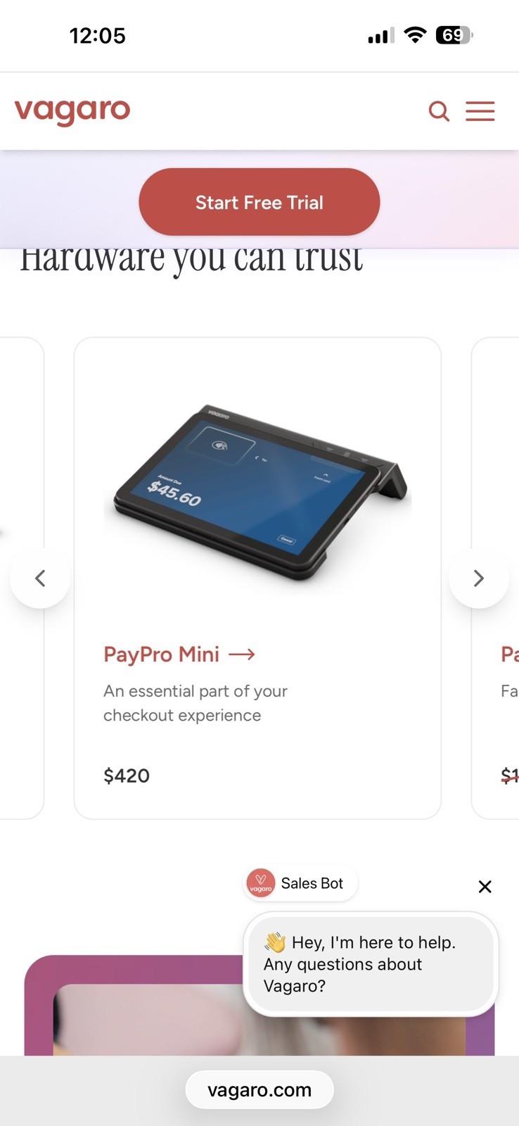 Vagaro PayPro Mini Touchscreen POS Wired Credit Card Terminal Reader