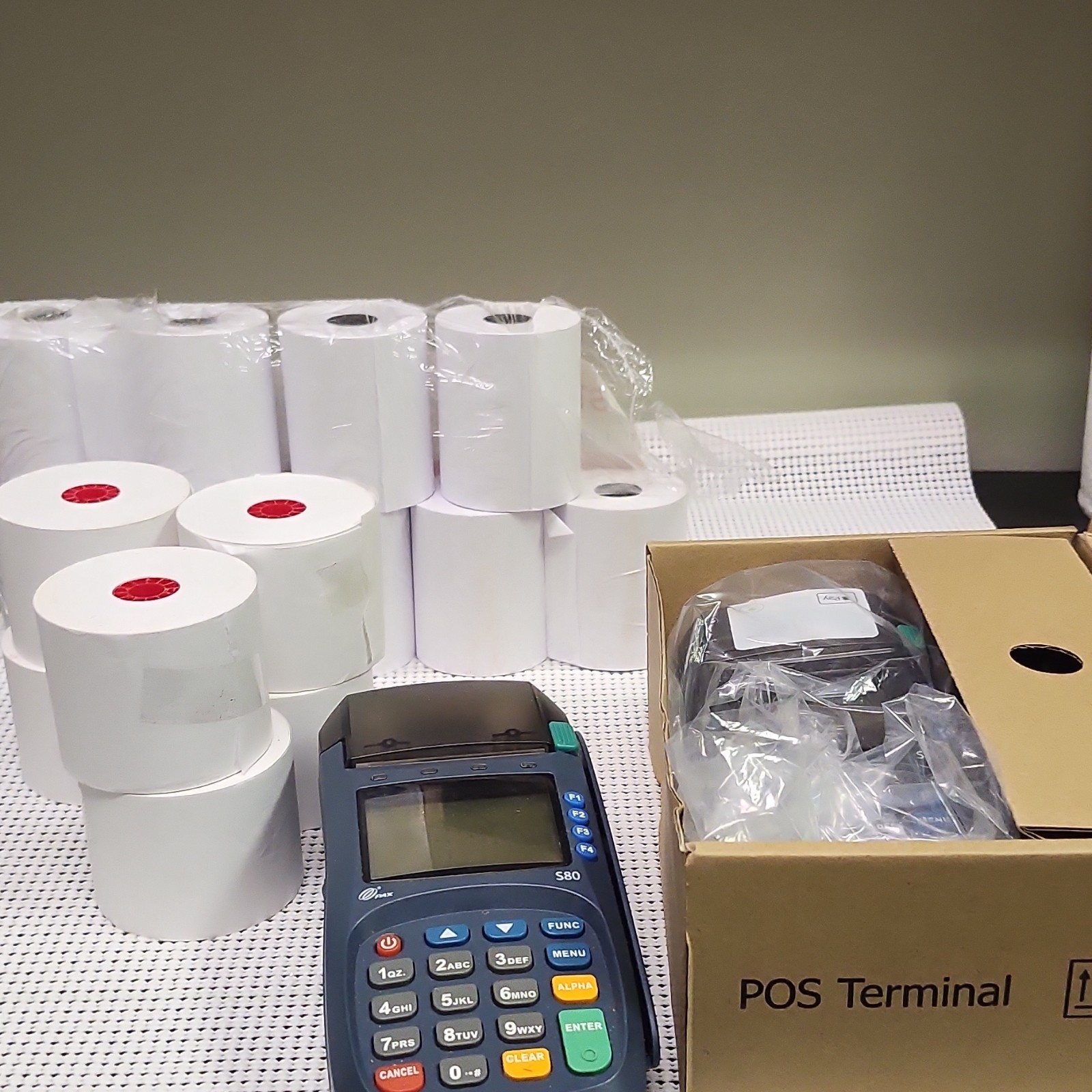 PAX S80 Credit Card Terminal with Receipt Paper Rolls