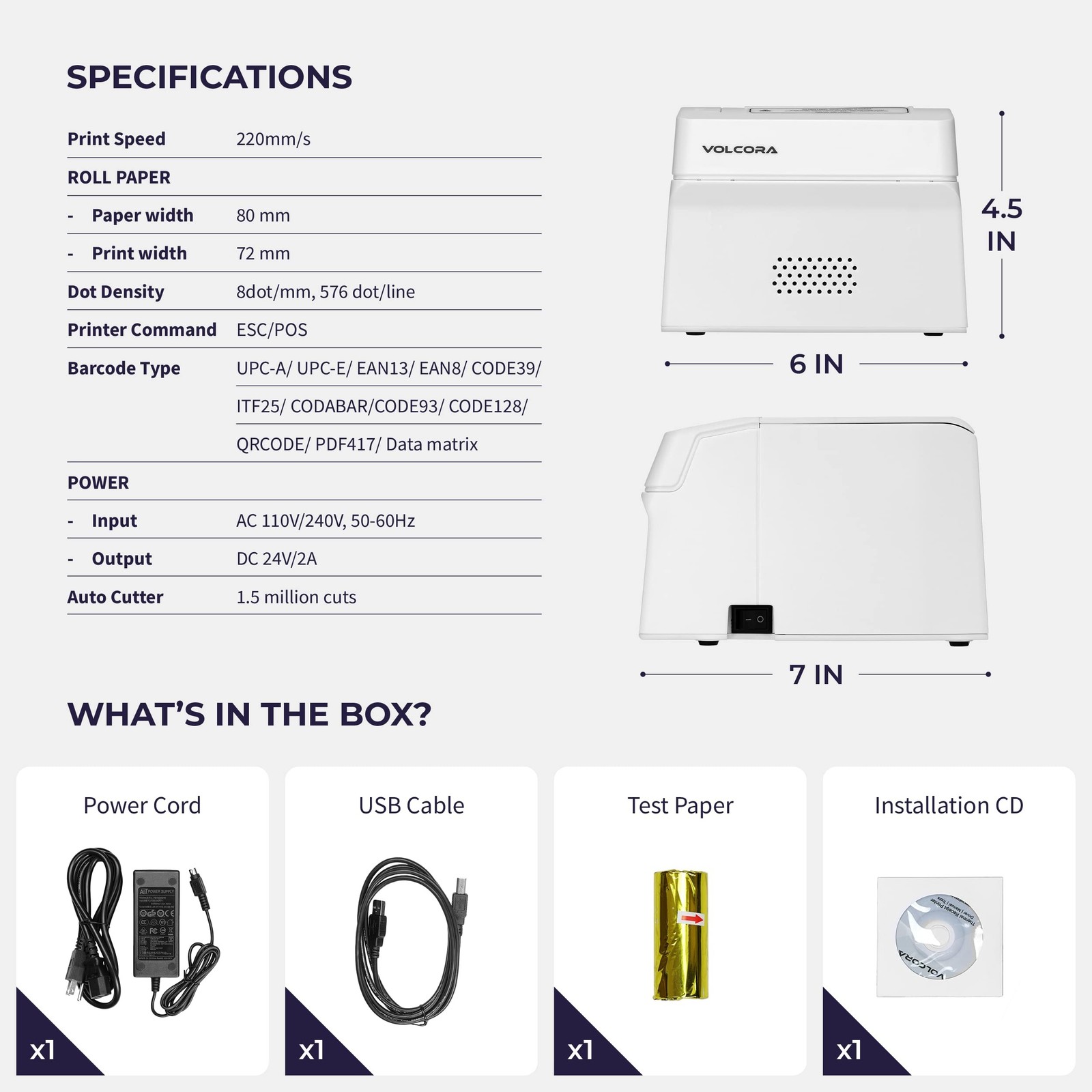 Volcora Thermal Receipt Printer, 80mm POS Printer w/Auto Cutter, USB/Bluetoot…