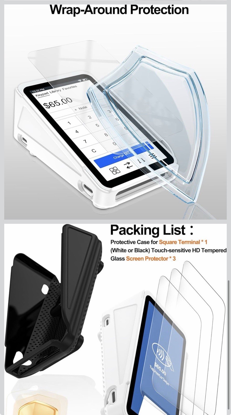 Bumper Case for Square Terminal Payment Reader White W 3 Screen Protector Glass
