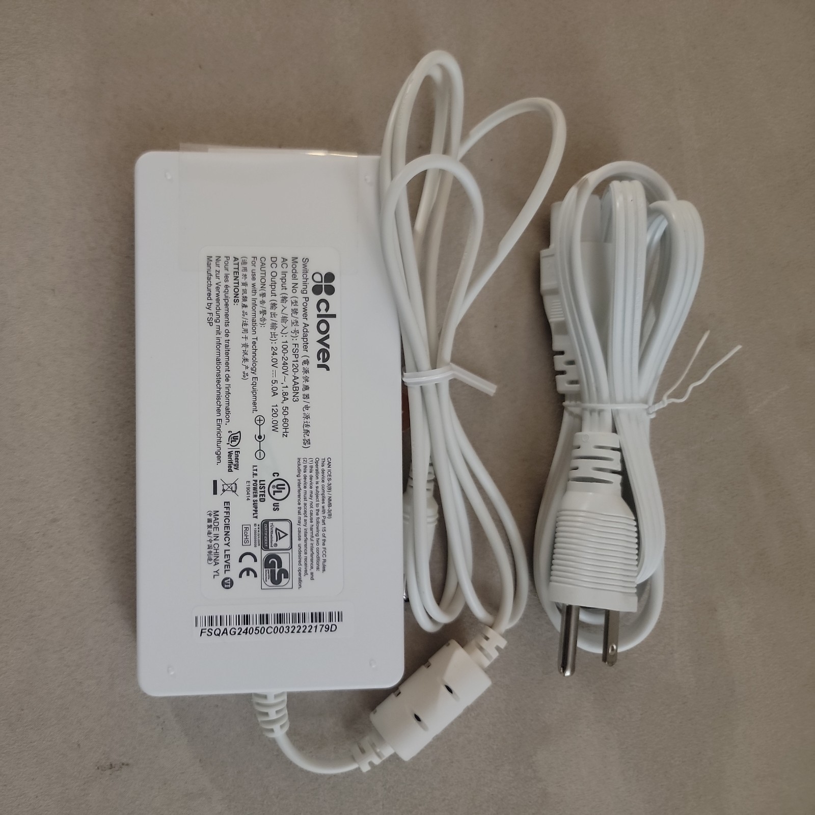 Clover Station Pro Terminal POS System C503 & P500 AC Adapter Power Supply Cord