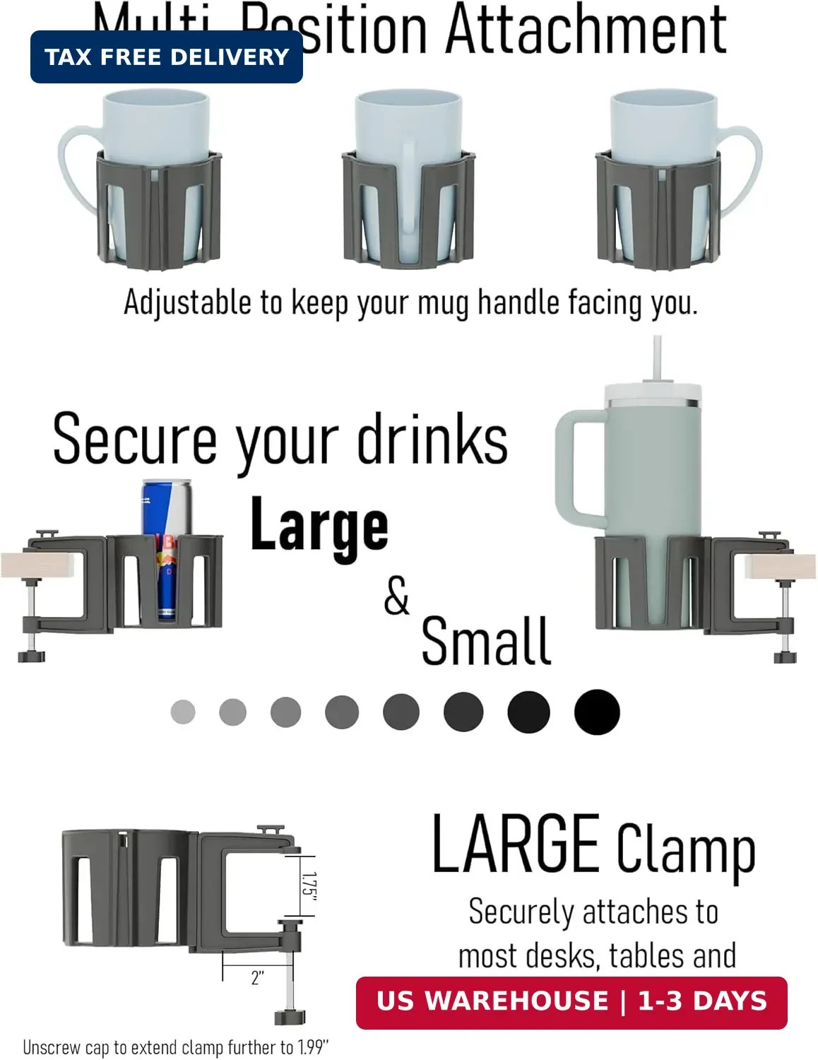 Original Large Desk Cup Holder Clamp | Anti-Spill Mount, Multi-Directional Drink