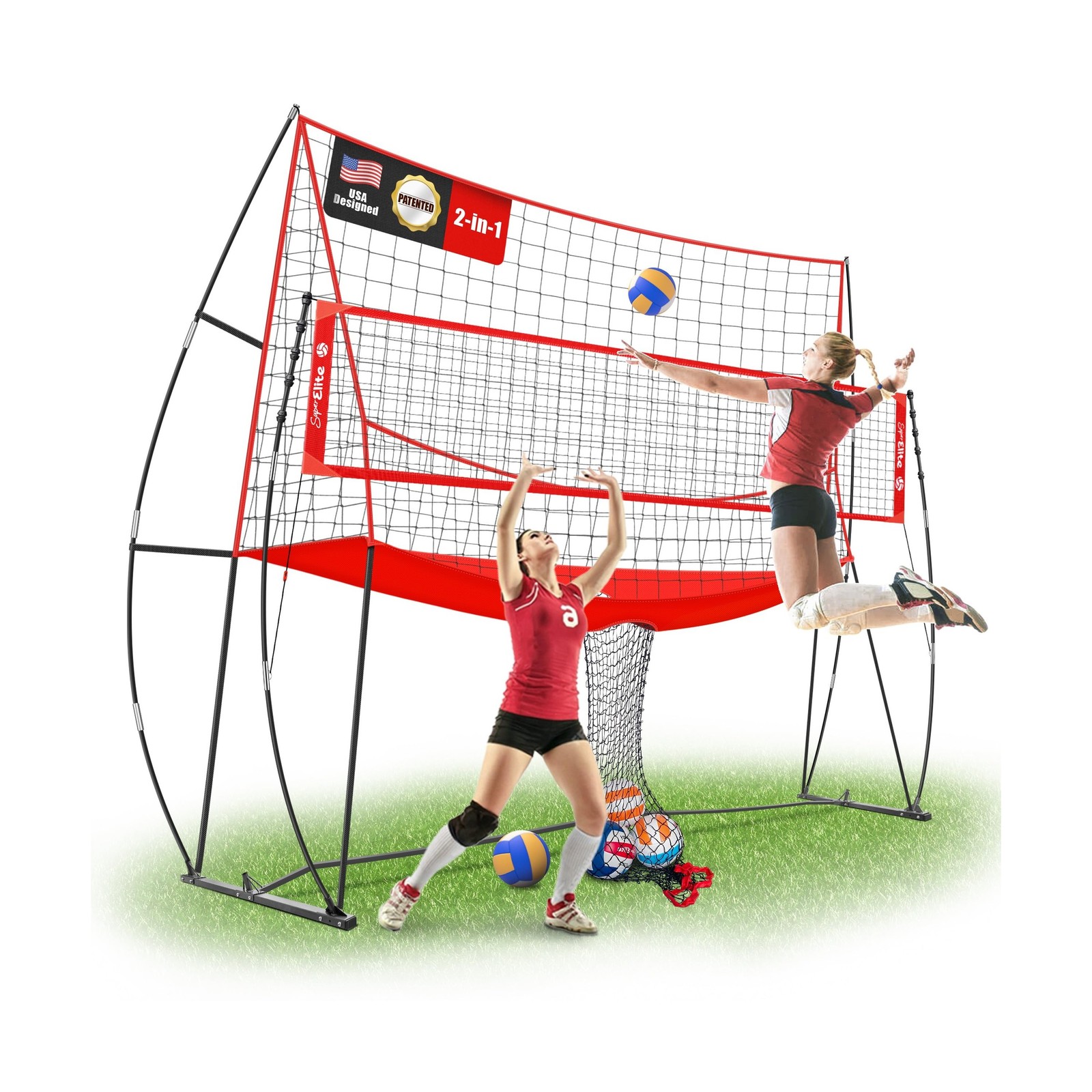 2-in-1 Volleyball Practice Net Station with Patented 5-Height (6’6” to 8′), …