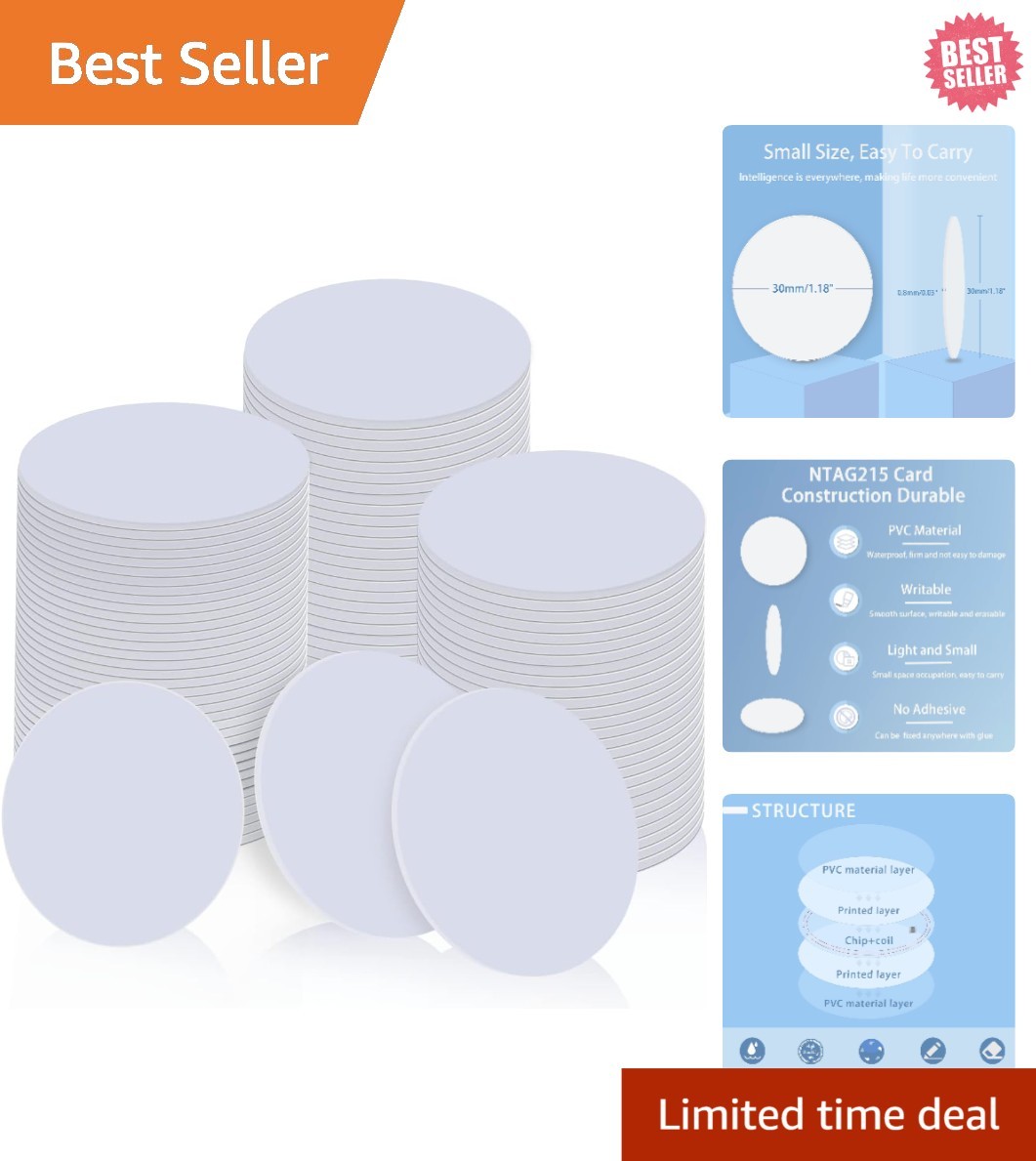 Versatile 100 PCS NFC Coin Cards – 30mm NTAG215 Tags for Easy Data Sharing