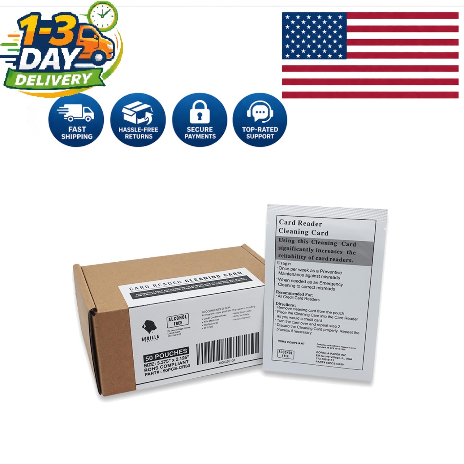 Individually Sealed Alcohol-Free Card Cleaning Cards – 50 pcs for Readers