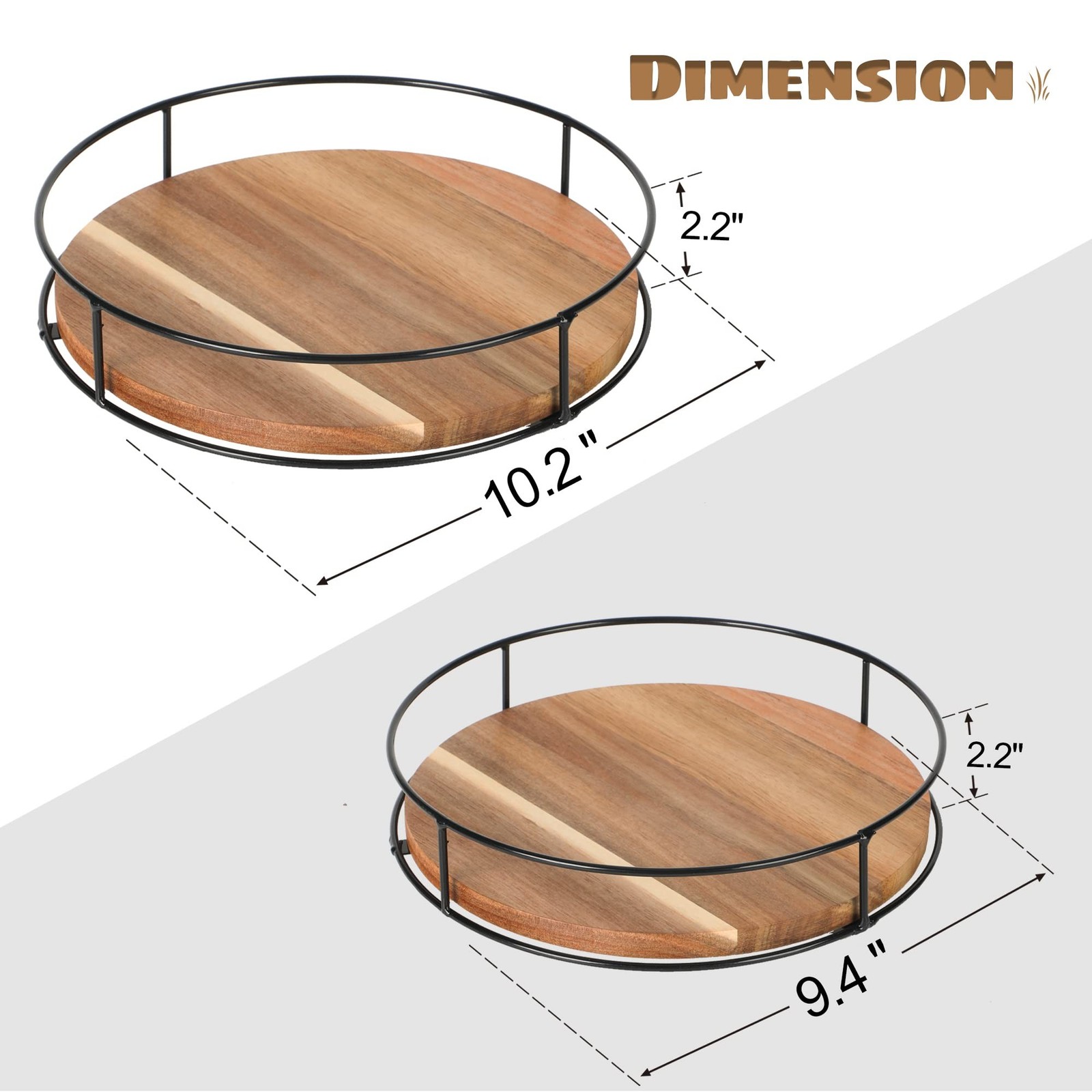 [ 2 Pack ] 9″ & 10″ Acacia Wood Lazy Susan Organizers with Steel Sides 9″ & 10″