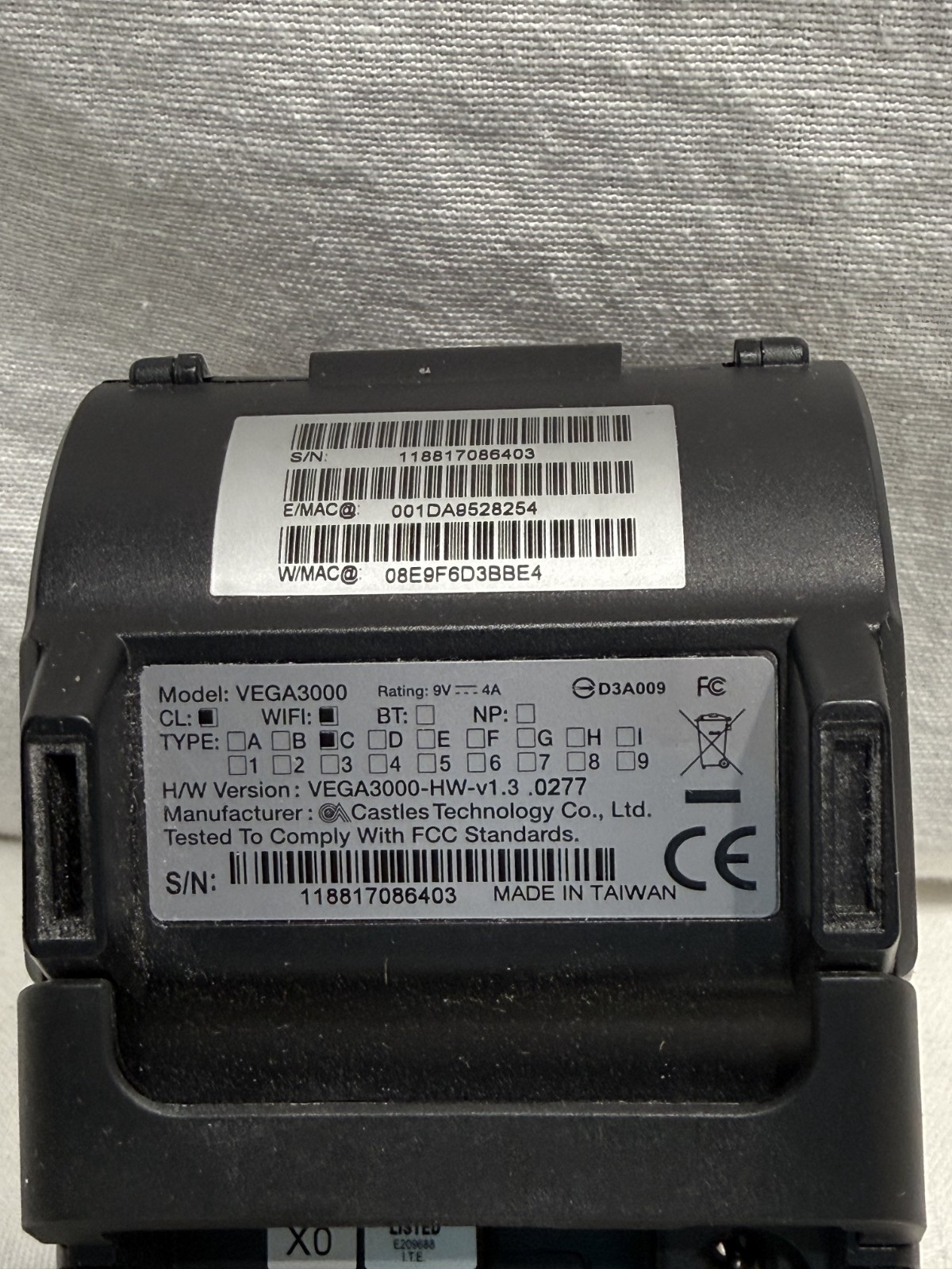 Castles Technology VEGA3000 Credit Card Terminal CL WiFI Type E 5 HW-v1.3 w/Cord