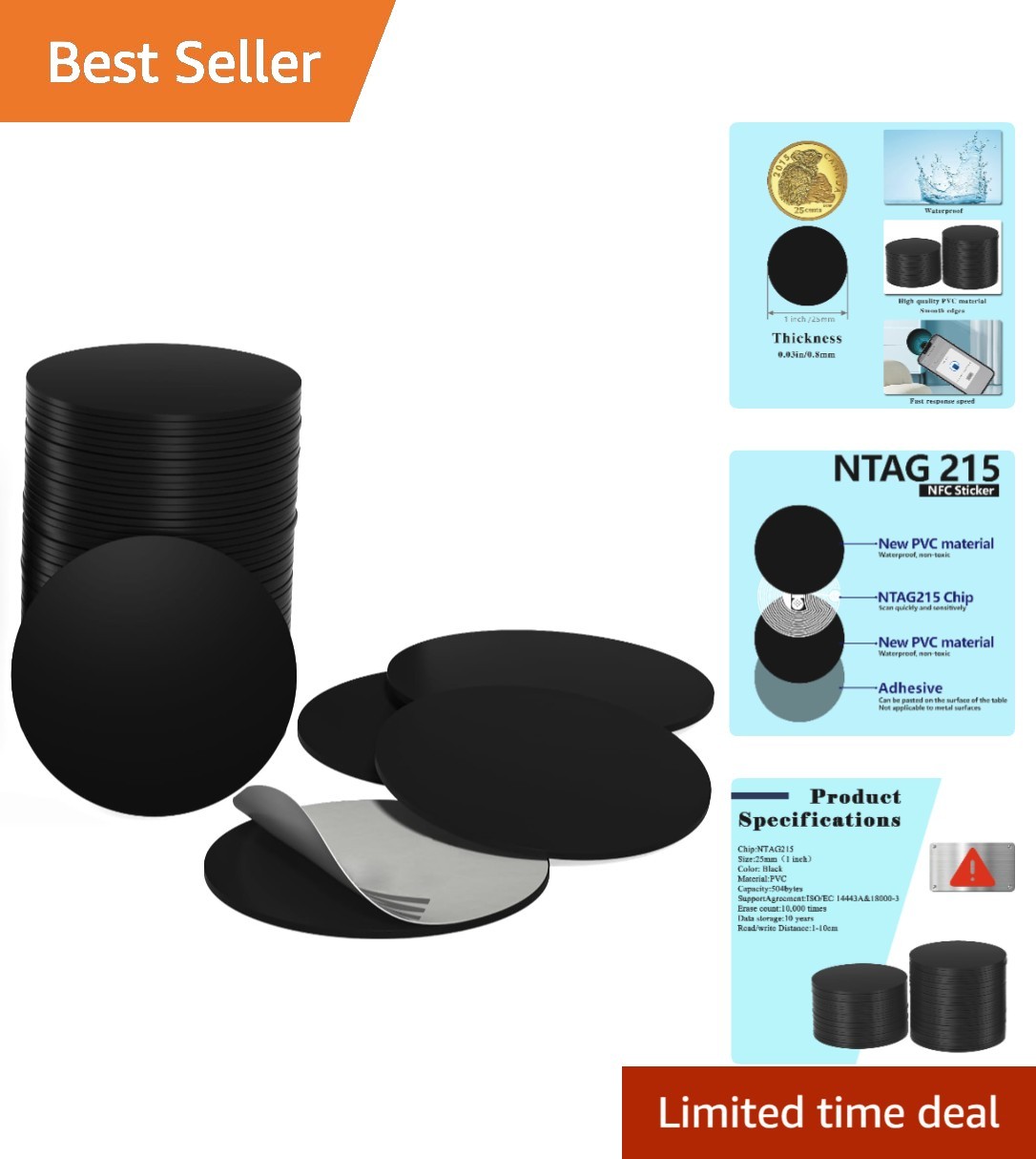 10pcs NTAG215 Black NFC Tags – Waterproof and Rewritable for Easy Connectivity