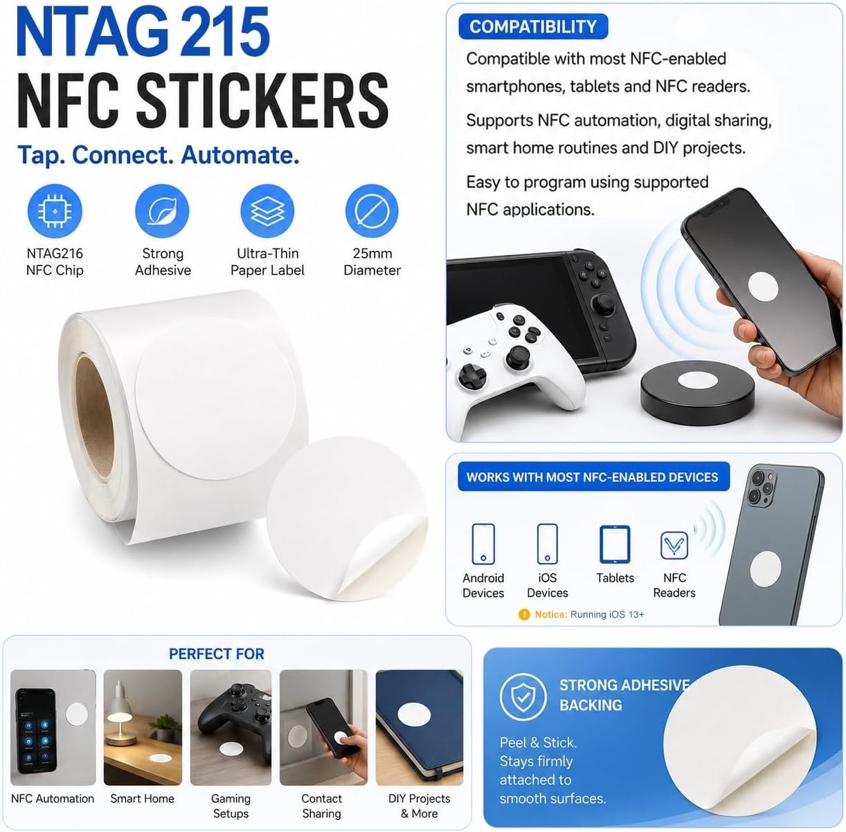 Durable 25mm NTAG215 NFC Stickers – 10 Pack Writer Blank with Strong Adhesive