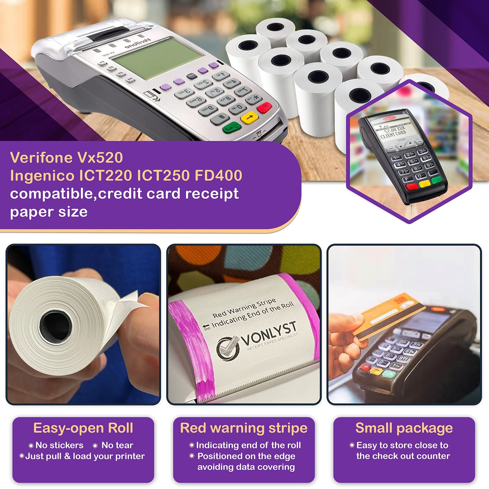 Thermal Paper Roll 2 1/4 x 55 for Verifone Vx520 Ingenico ICT220 ICT250 FD400…