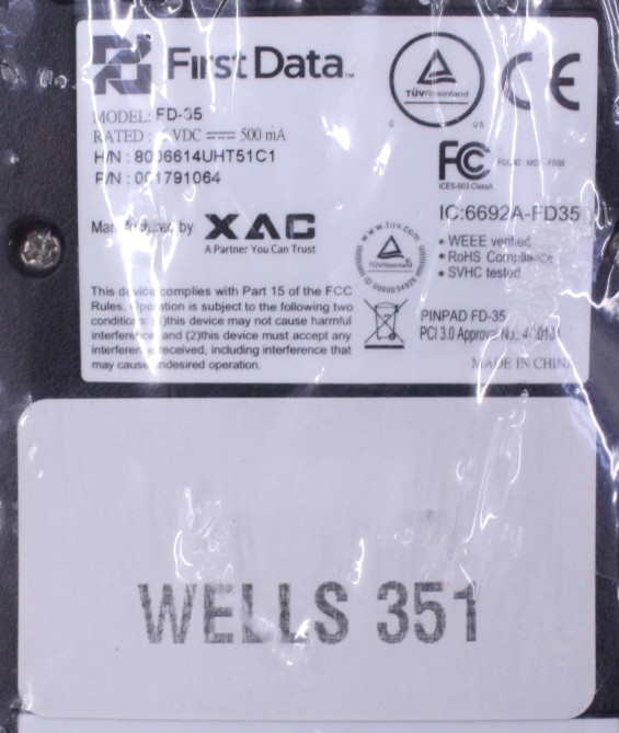 FirstData FD-35 PIN Pad Credit Card Terminal USB 001791064 Rev A Wells 351