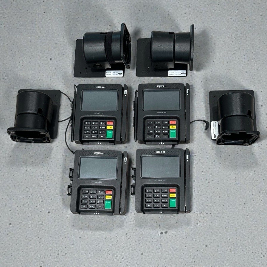 *Lot of 4* Ingenico iSC Touch 250 w/ 4 Pens, 4 Credit Card Mounts & Multi Cables