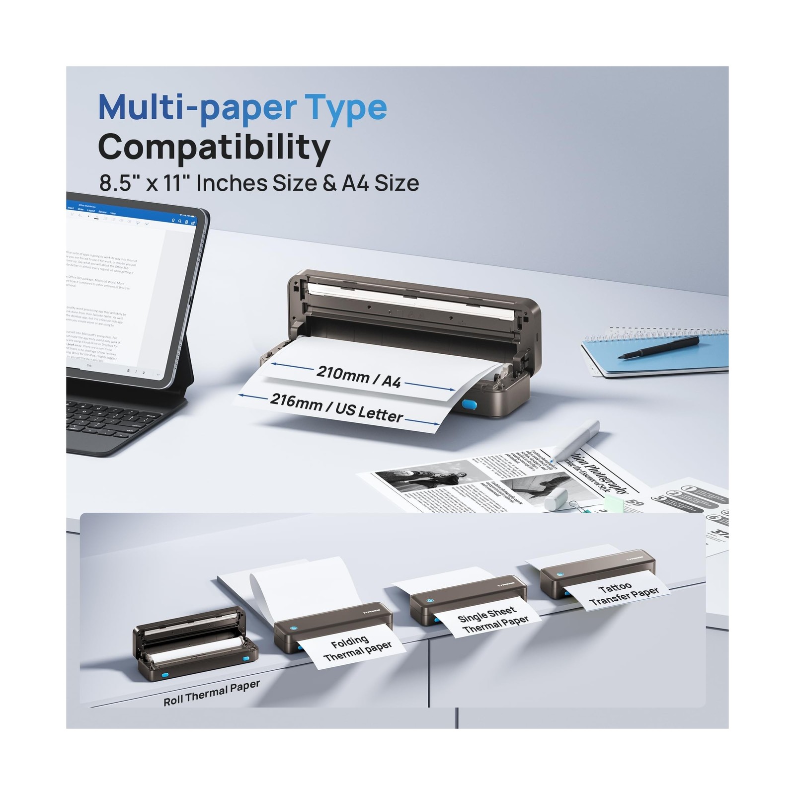 Portable Printers Wireless for Travel, D820 Thermal Inkless Printer Support S…